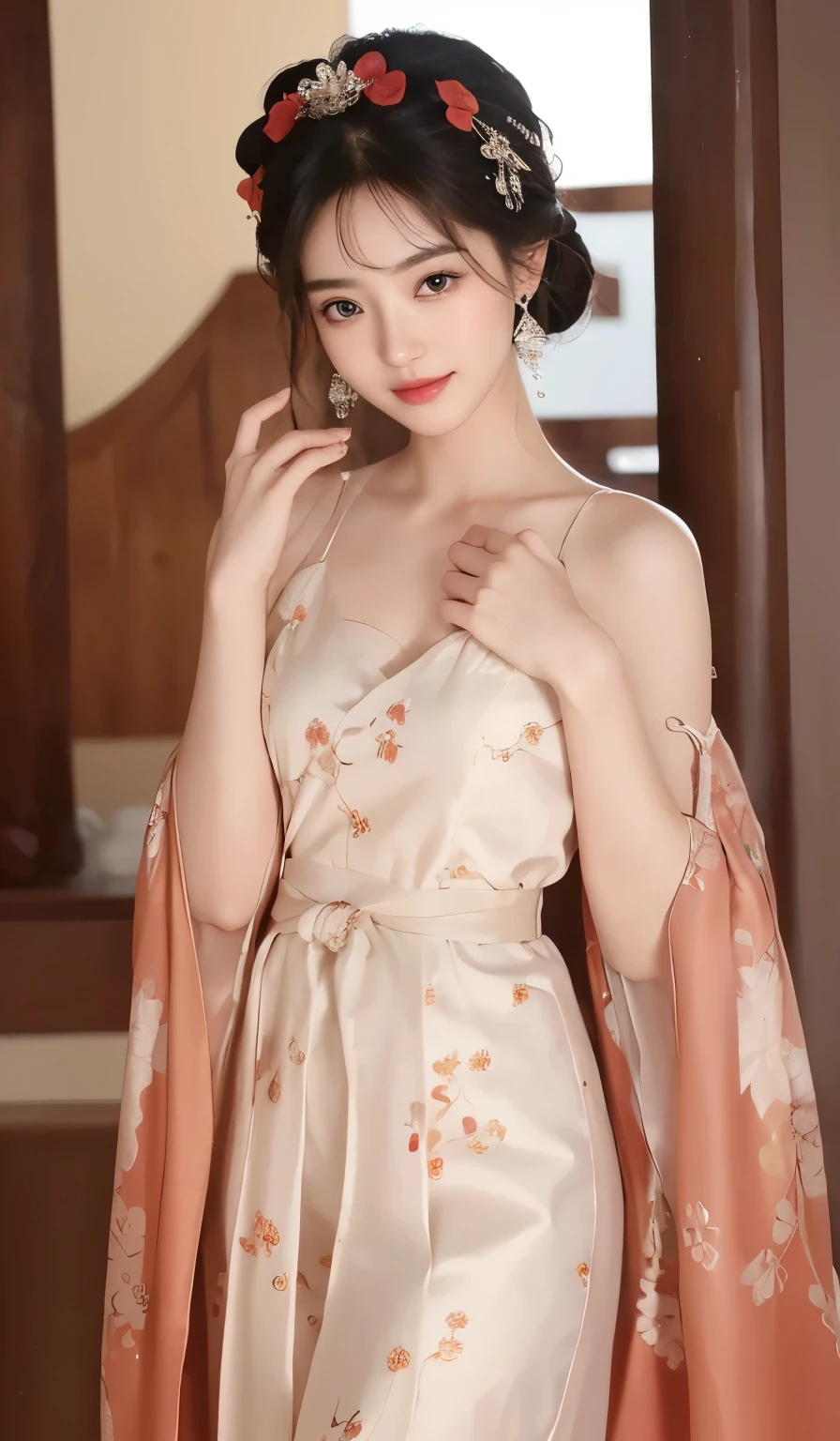 masterpiece, Best image quality, high quality, Beautiful woman, Japanese, Popular Korean makeup, detailed, Swollen eyes, detailed eyes, detailed skin, beautiful skin, ultra high resolution, (Reality: 1.4),very beautiful, slightly younger face, beautiful skin, slim, (Surreal), (illustration), (high resolution), (8k), (very detailed) (best illustration), (beautifully detailed eyes), (super detailed), (wallpaper), (detailed face), Looking at the audience, Fine details, detailed face, Purebred face_V1, Smile, Always look ahead, From the waist up, Realistic photos, Bright Lights, Professional lighting, Black Hair (Some hair is primary green), Long hair green), Long hair, dark ruins, Gorgeous dress (Ruffles), Mature woman, Fashionable long bangs,