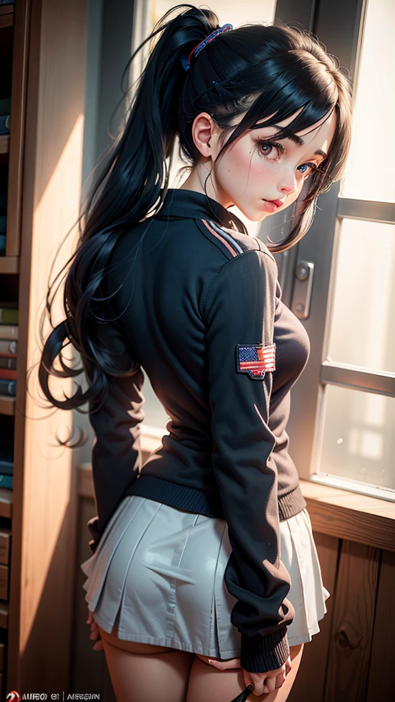 1girl,solo,Laura S. Arseid,long dark blue hair,ponytail,side Bang,small ,inspired by trails of cold steel,school dress,showing off her panties,military school,embarrassed,illustration,ultra-detailed,photorealistic:1.37,HDR,vivid colors,studio lighting,portraits,blue color tone,soft lighting