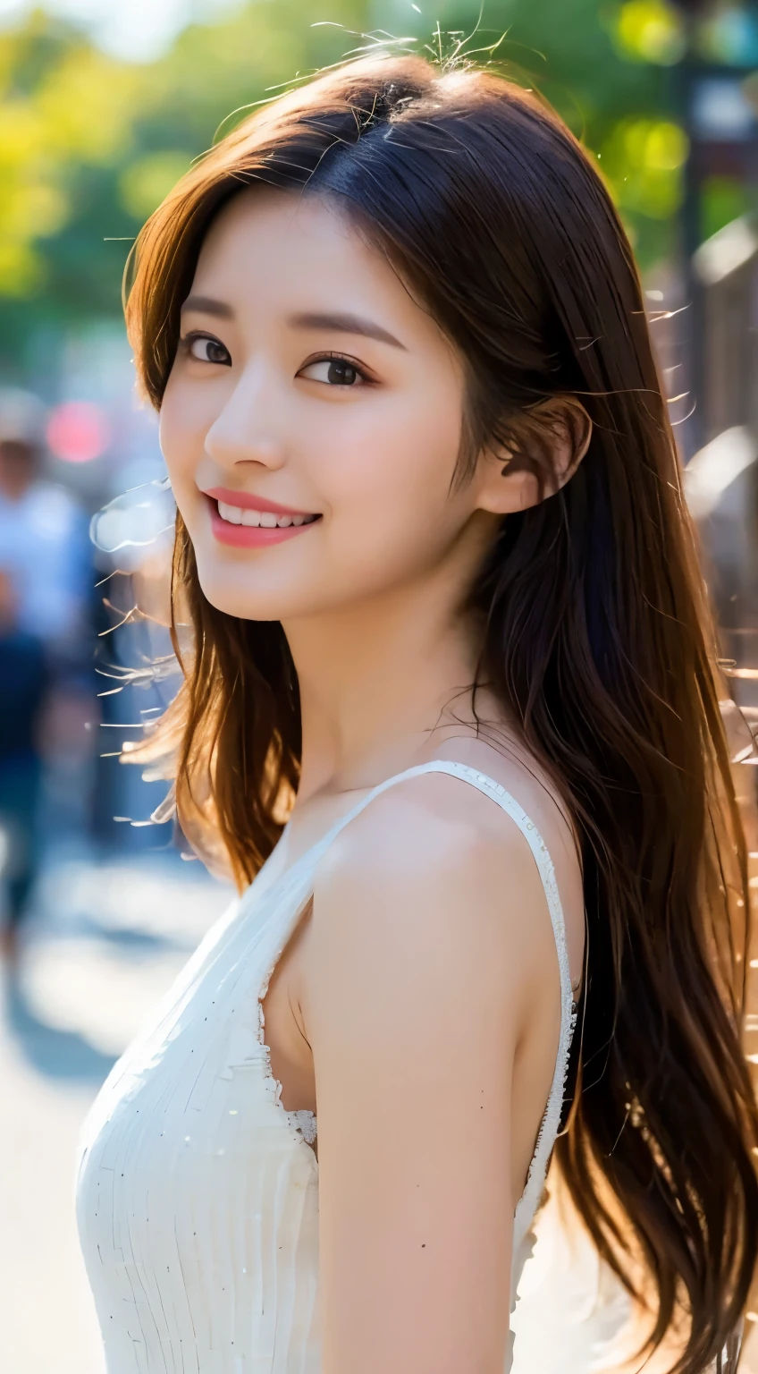  20-year-old brown-haired woman, White Dress, goddess, Bloom, lens flare, (8k, Raw, professional, top quality, masterpiece: 1.2), (actual, photoactual: 1.37), Super detailed, (25mm Portrait Front View), (max detail skin: 1.2), (The most delicate face: 1.2), light, 1 female, Japanese, Brown short hair, ( windy), walking on a street corner, warm white light, Awkward smile, front Photo, (((top quality, 8k, masterpiece: 1.3)), Beautiful woman with perfect body: 1.4, Lean abdominal muscles: 1.3, ((Dark brown hair, Big goals: 1.2)), Highly detailed face and skin texture, Delicateeyes, Double eyelids, Big goals, Ultra-clear face, Ultra Clear Lipstick, Super clear eyes, Double eyelids, Super Detail