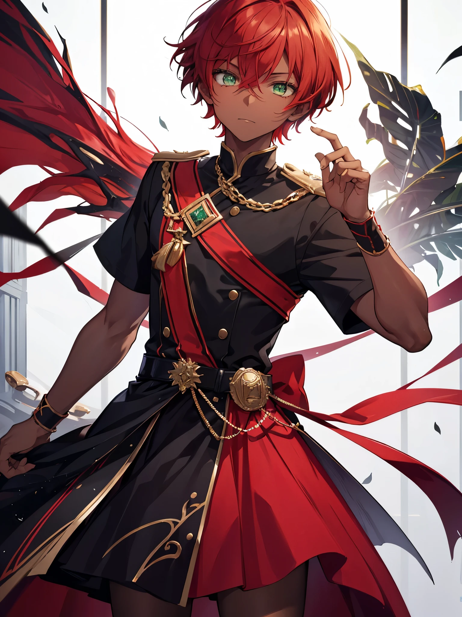 highest quality, all limbs, full finger, 1boy, red hair, handsome boy, green eyes, red idol costume, ((dress)), ((dark skin)), short hair, ((black skirt))