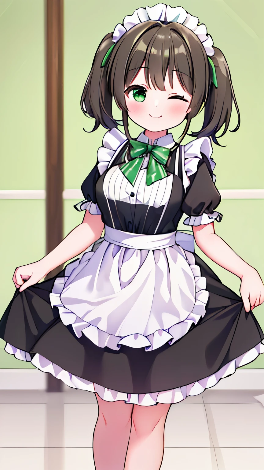 (((masterpiece, highest quality, High resolution,8k))),(((beautiful girl))),whole body,green eye,Two knots,low twin tail,medium breasts:1.5,medium hair,classical Maid,long dress,(((curtsey))),rift skirt:1.4,smile with closed eyes,