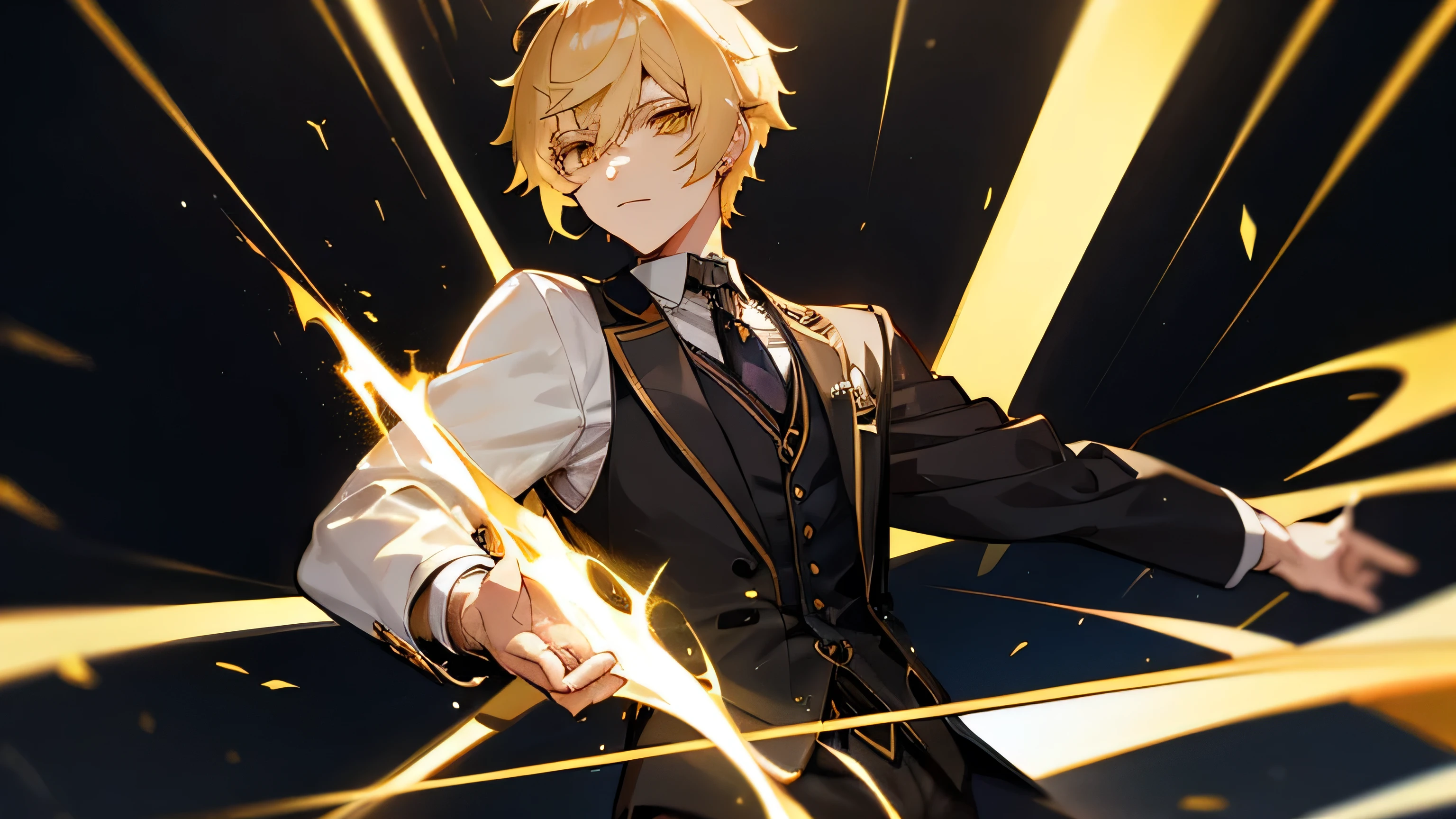 Aether from Genshin Impact. Golden Eyes. Short Blonde Hair. 1male. black vest and blazer.