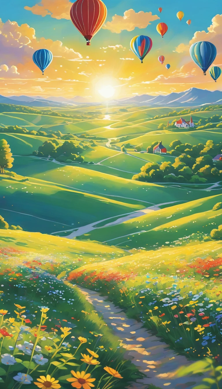 The scene features a vibrant array of hot air balloons drifting gently above a breathtaking landscape. The sky is a brilliant blue, with the occasional fluffy white cloud dotting the horizon. Below, a lush green meadow stretches out, dotted with colorful wildflowers and framed by majestic mountains in the distance. A winding pathway meanders through the meadow, leading towards a dense cluster of trees that sway gently in the breeze. Beyond the trees, the landscape descends into a rocky coastline where the deep blue ocean meets the land, waves crashing rhythmically against the shore. The entire scene is bathed in the warm, golden light of the sun, casting long shadows and creating a sense of depth and tranquility. The hot air balloons, in their myriad of colors and patterns, add a whimsical and joyful touch to this serene and picturesque setting.