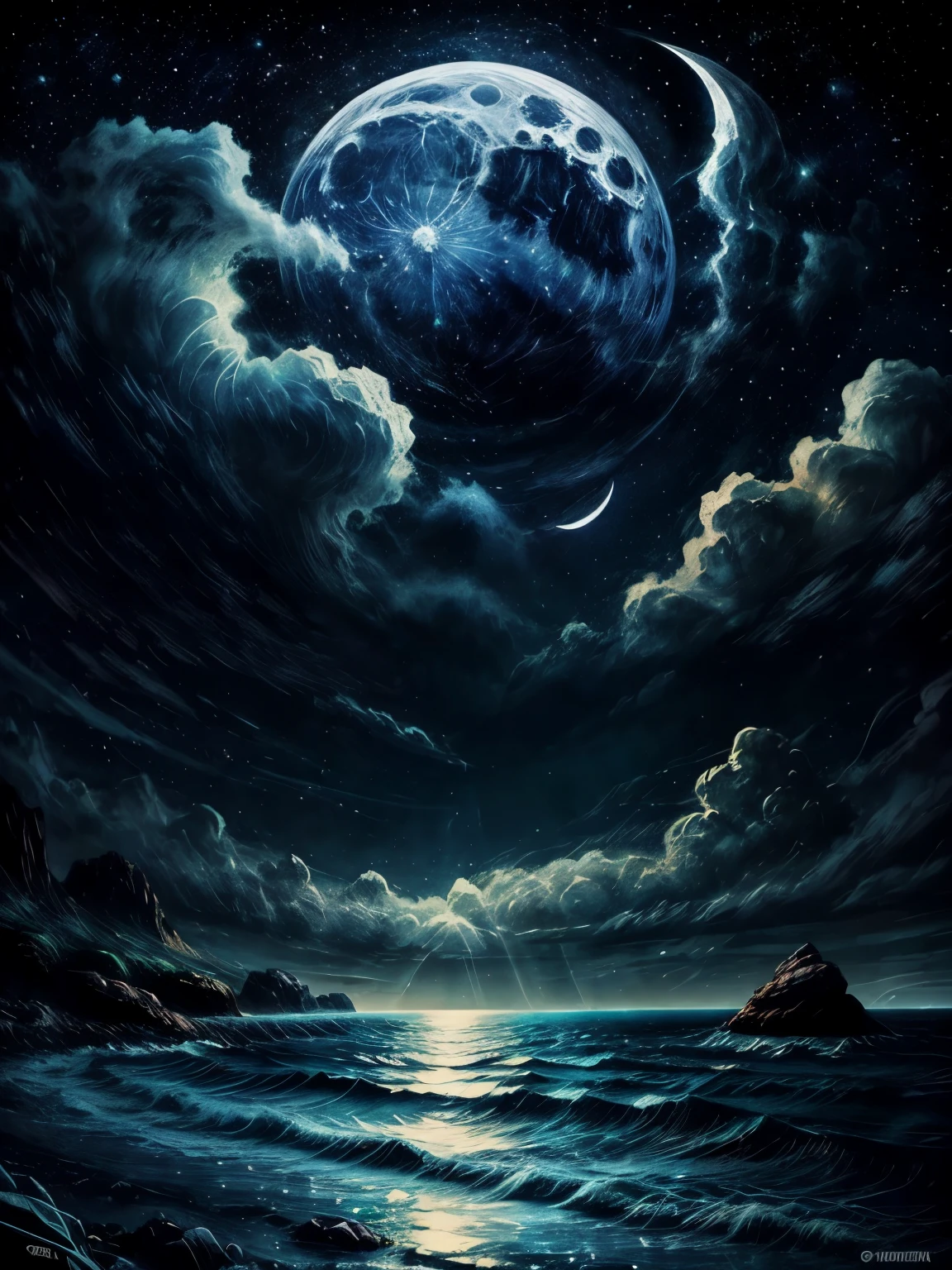 neon light art, in the dark of night, moonlit seas, clouds, moon, stars, colorful, detailed, 4k