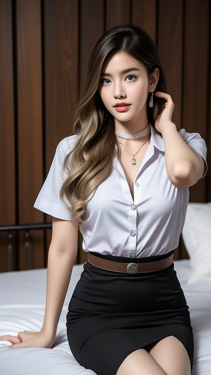 (High resolution 8K), Masterpiece, best quality, realistically ((middle bust)), hair in one eye, purple eyes, very big hoop earrings, Sharp eyes, choker, red gemstone necklace, (Symmetrical eyes), (The body is perfectly symmetrical. ), Photo of a beautiful 20 year old teenage girl, (Fit body), ((In the middle of the bed in a luxurious bedroom)), (black short skirt), University outfit, (( The young woman wore a tight-fitting white short-sleeved shirt., unbuttoned, Open your breasts and see your breasts.)) ((black short pencil skirt The skirt has a deep slit in front of the legs.)), belt, bob hair, long hair, side bangs, Blonde hair, Double eyelids, sharp eyeliner, Blush eyeshadow, thick eyelashes, very delicate and beautiful, round chin, sharp focus.. elegant. Turn your head with your legs open so they are at eye level. Sit back and open your legs. Split your right leg over your left leg. Allow your legs to open naturally, with your legs apart, a dynamic pose.,mahalaiuniform