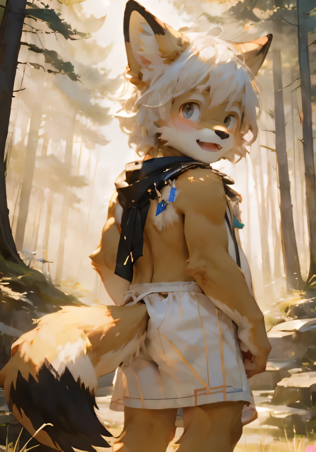 (masterpiece),(Very detailed),(best quality),hairy,fox,Golden fur,white hair,Black pupil,(child),(Naked upper body),((Happy expression)),Forest background,8k,(high quality),(Ultra HD),(Ultra Detailed),(Young child),Perfect sunshine,(Crouching on the grass)