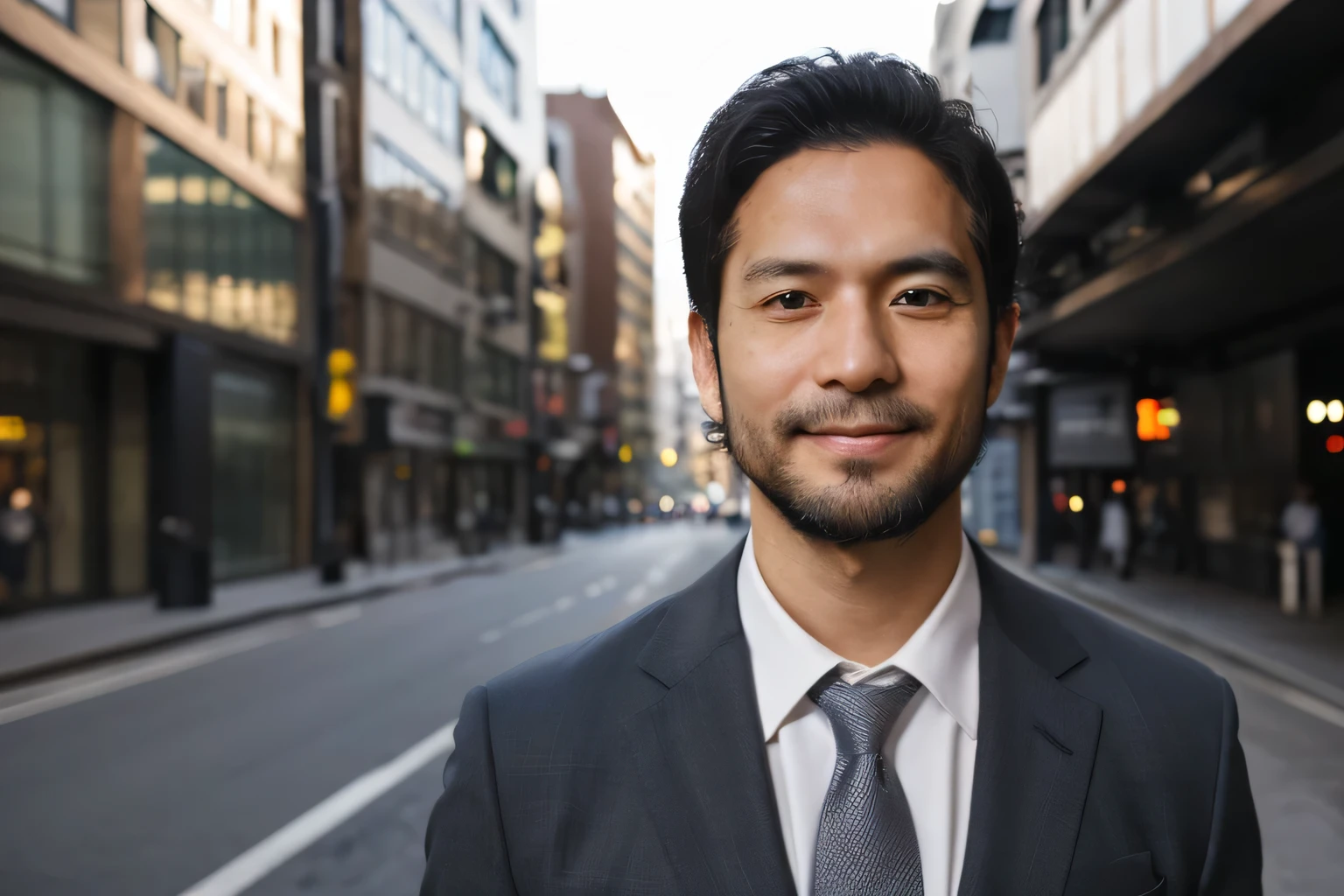 ((looking away)), wide shot, side shot, realism, ((Arms crossed)), From the waist up, 8k Full Length Portrait, Handsome Japanese man, 40-year-old male, Attractive look, Detailed facial details, ((Beardless)), office, Shibuya Background, short hair, smile, (( business suit))