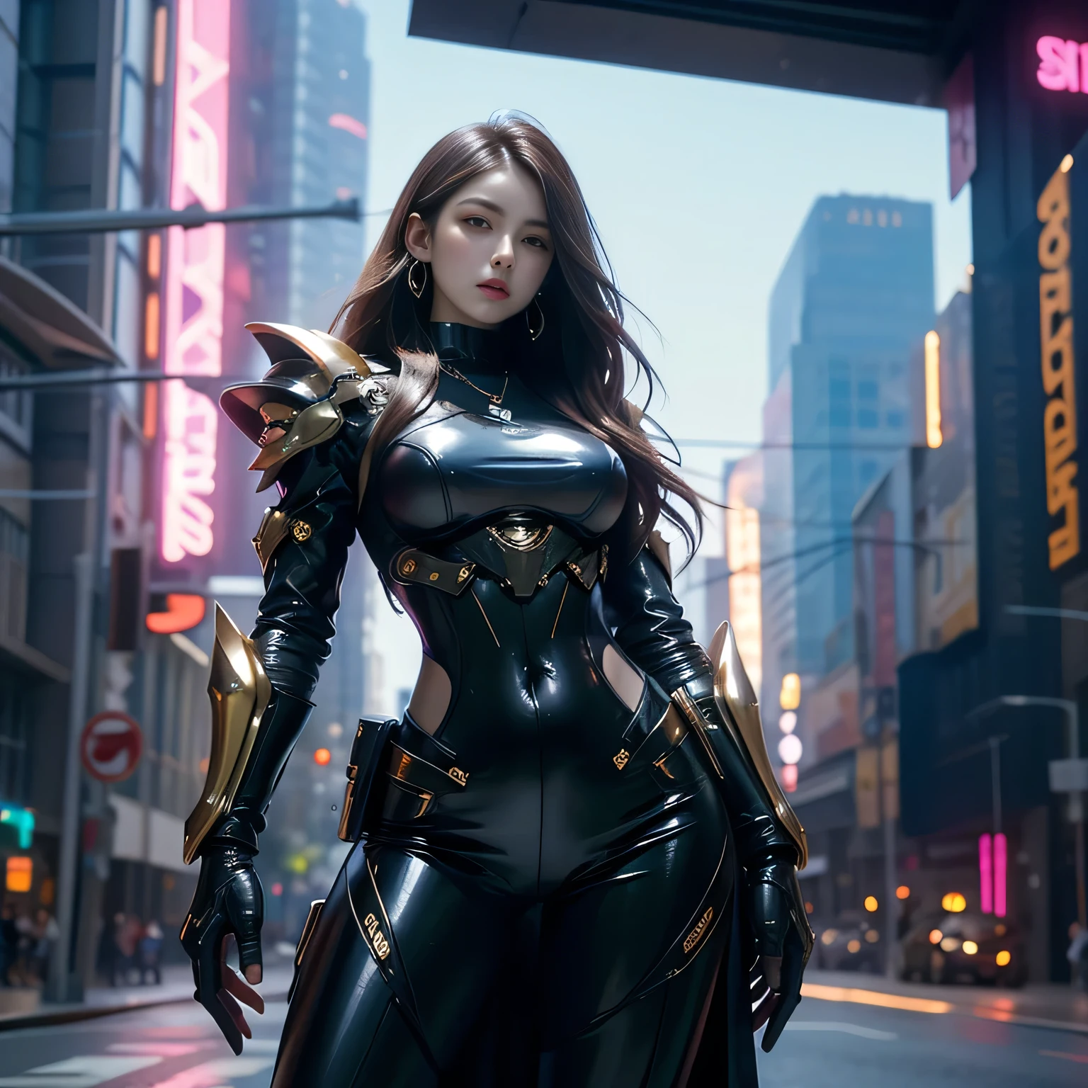 Futuristic Armored Busty Brunette In this image, a woman of robust stature and rich, dark hair cascading to her waist stands proudly. Her imposing figure is clad in a suit of armor that gleams with a futuristic allure, the metallic surface reflecting the lights of an unknown cityscape in the background. Her eyes, filled with determination, are the focal point of her visage, both piercing and enchanting. She is the epitome of strength and beauty in a sci-fi fantasy world.
