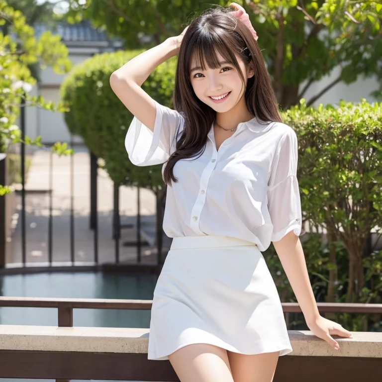 White panties are visible under the skirt、A Japanese girl smiling happily、camisole、quat