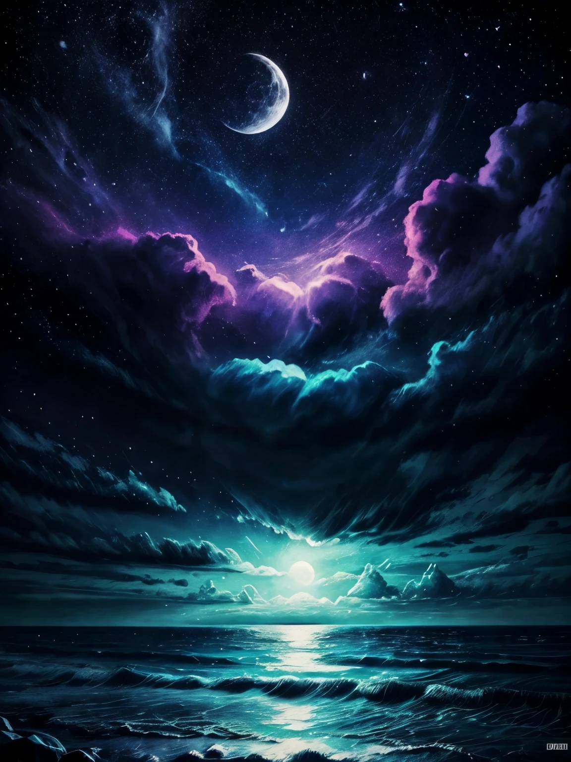 neon light art, in the dark of night, moonlit seas, clouds, moon, stars, colorful, detailed, 4k