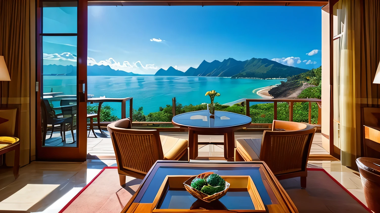 Rooms for nomadic workers in luxury resorts with spectacular views. Coffee, laptop, detailed images.