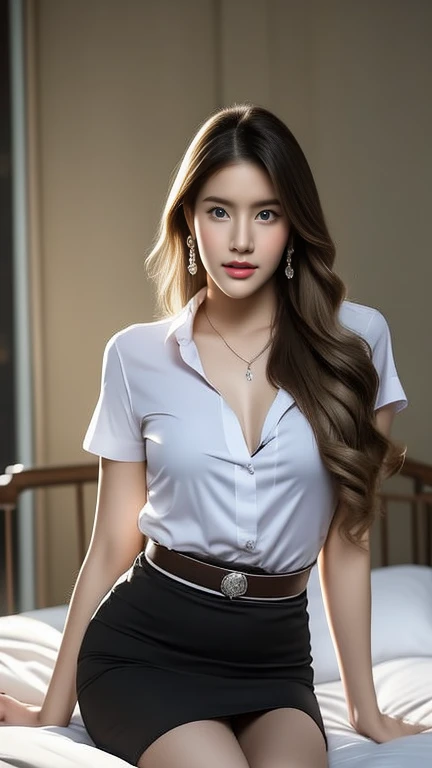 (High resolution 8K), Masterpiece, best quality, realistically ((middle bust)), hair in one eye, purple eyes, very big hoop earrings, Sharp eyes, choker, red gemstone necklace, (Symmetrical eyes), (The body is perfectly symmetrical. ), Photo of a beautiful 20 year old age girl, (Fit body), ((In the middle of the bed in a luxurious bedroom)), (black short skirt), University outfit, (( The young woman wore a tight-fitting white short-sleeved shirt., unbuttoned, Open your breasts and see your breasts.)) ((black short pencil skirt The skirt has a deep slit in front of the legs.)), belt, bob hair, long hair, side bangs, Blonde hair, Double eyelids, sharp eyeliner, Blush eyeshadow, thick eyelashes, very delicate and beautiful, round chin, sharp focus.. elegant. Turn your head with your legs open so they are at eye level. Sit back and open your legs. Split your right leg over your left leg. Allow your legs to open naturally, with your legs apart, a dynamic pose.,mahalaiuniform