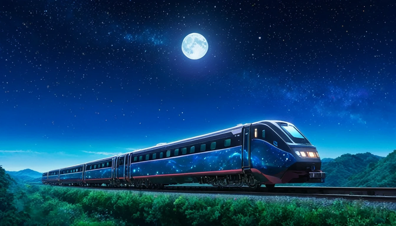 A full moon and a starry sky A sci-fi fantasy anime about a galaxy train running through the sky towards the moon