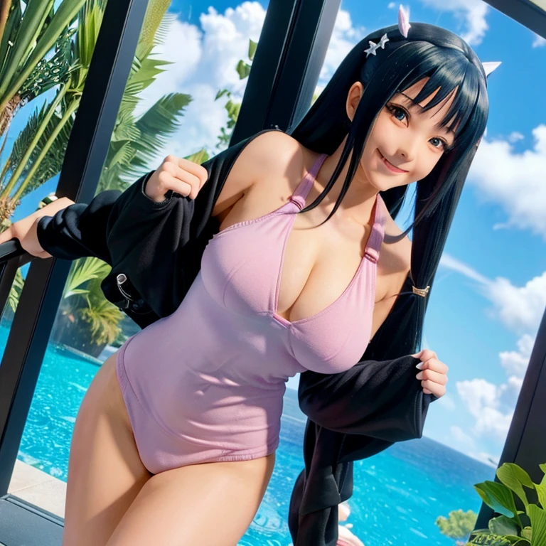 3D anime girl with big and wearing swimsuit and her body is so hot and the girl is smiling and has a long hair her are big and she's tall and she look like Nico robin from anime one piece