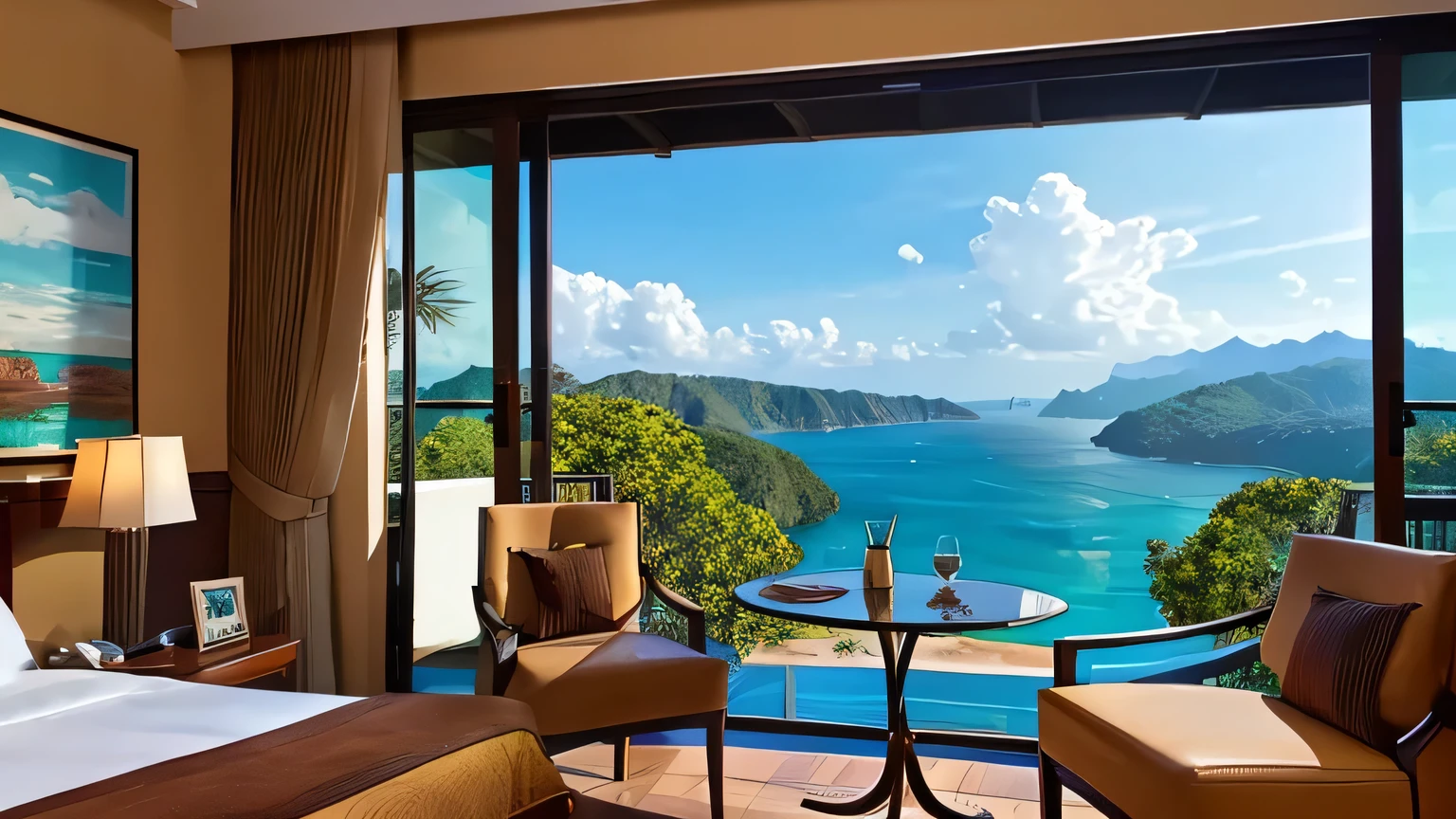 Rooms for luxury resorts with spectacular views. Coffee, laptop, detailed images.