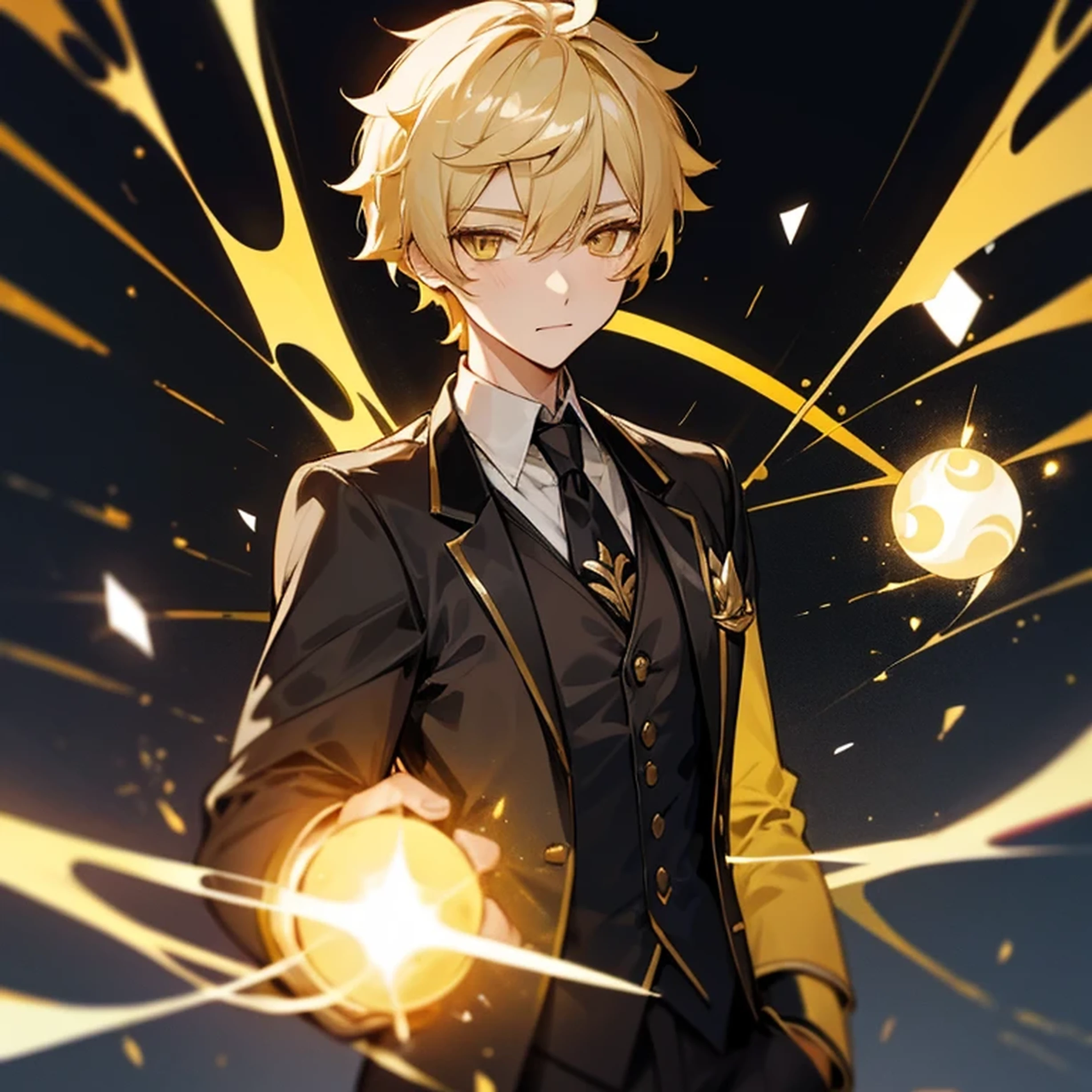 Aether from Genshin Impact. Golden Eyes. Short  Blonde Hair. 1boy. black vest and blazer