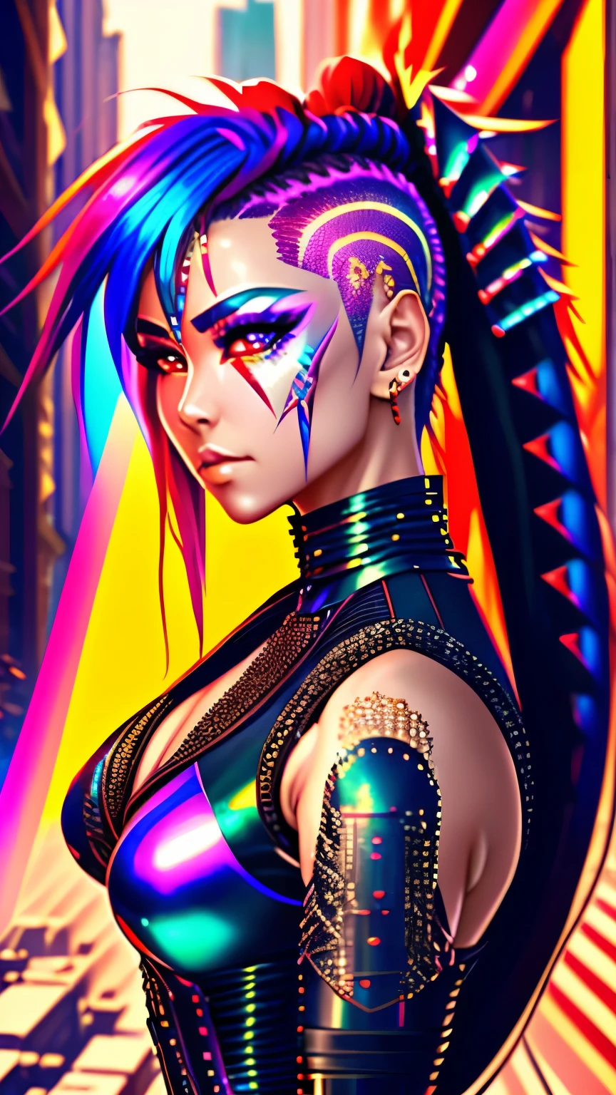 best quality, super fine, 16k, incredibly absurdres, extremely detailed, delicate and dynamic, beautiful female warrior, rainbow braided ponytail, cool and attractive look, metallic red eyes, amazing proportions, translucent iridescent reinforced bodysuit, (future punk, background ruined city:1.4)