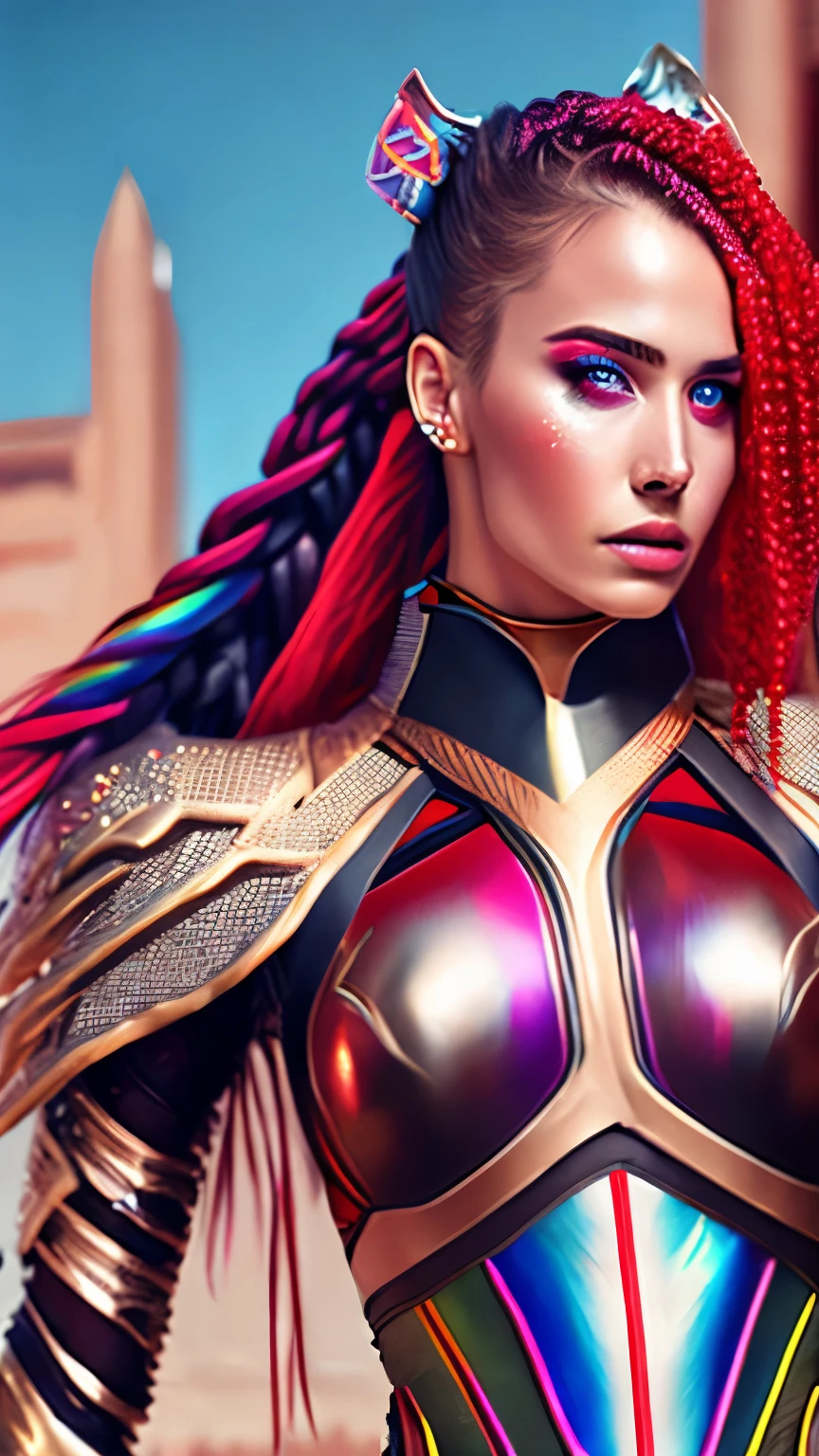 best quality, super fine, 16k, incredibly absurdres, extremely detailed, delicate and dynamic, beautiful female warrior, rainbow braided ponytail, cool and attractive look, metallic red eyes, amazing proportions, translucent iridescent reinforced bodysuit, (future punk, background ruined city:1.4)