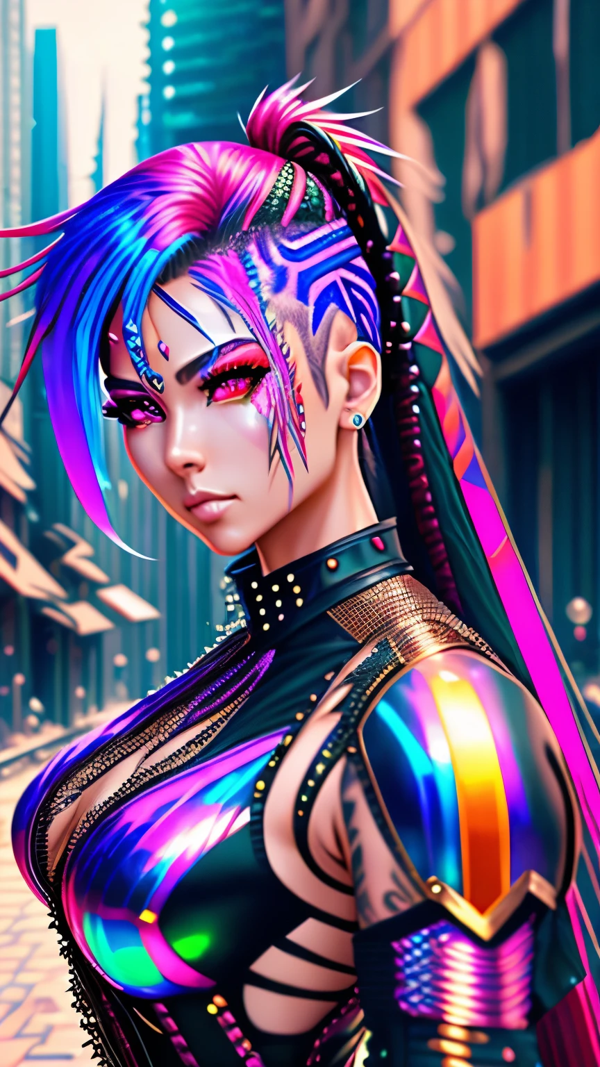 best quality, super fine, 16k, incredibly absurdres, extremely detailed, delicate and dynamic, beautiful female warrior, rainbow braided ponytail, cool and attractive look, metallic red eyes, amazing proportions, translucent iridescent reinforced bodysuit, (future punk, background ruined city:1.4)