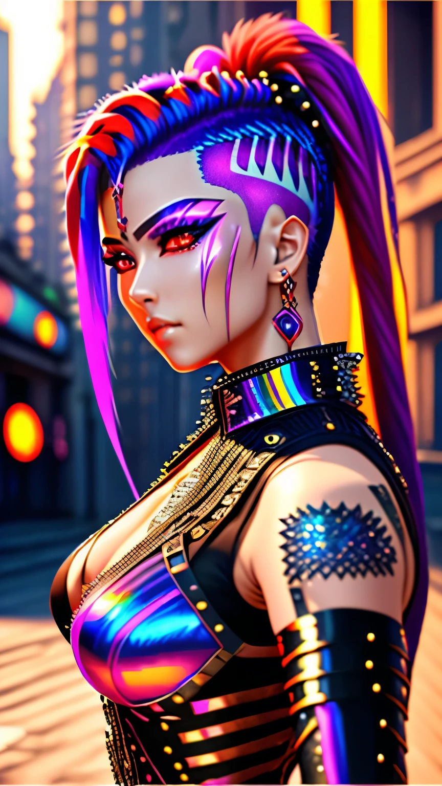 best quality, super fine, 16k, incredibly absurdres, extremely detailed, delicate and dynamic, beautiful female warrior, rainbow braided ponytail, cool and attractive look, metallic red eyes, amazing proportions, translucent iridescent reinforced bodysuit, (future punk, background ruined city:1.4)