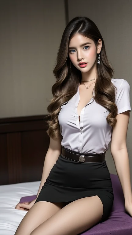 (High resolution 8K), Masterpiece, best quality, realistically ((middle bust)), hair in one eye, purple eyes, very big hoop earrings, Sharp eyes, choker, red gemstone necklace, (Symmetrical eyes), (The body is perfectly symmetrical. ), Photo of a beautiful 20 year old age girl, (Fit body), ((In the middle of the bed in a luxurious bedroom)), (black short skirt), University outfit, (( The young woman wore a tight-fitting white short-sleeved shirt., unbuttoned, Open your breasts and see your breasts.)) ((black short pencil skirt The skirt has a deep slit in front of the legs.)), belt, bob hair, long hair, side bangs, Blonde hair, Double eyelids, sharp eyeliner, Blush eyeshadow, thick eyelashes, very delicate and beautiful, round chin, sharp focus.. elegant. Turn your head with your legs open so they are at eye level. Sit back and open your legs. Split your right leg over your left leg. Allow your legs to open naturally, with your legs apart, a dynamic pose.,mahalaiuniform