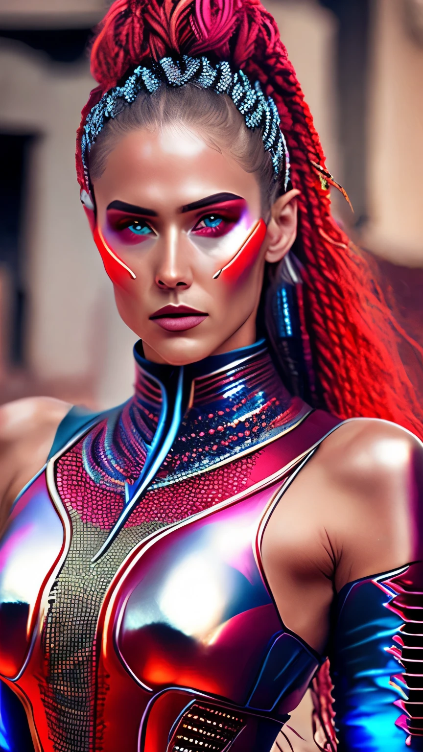 best quality, super fine, 16k, incredibly absurdres, extremely detailed, delicate and dynamic, beautiful female warrior, rainbow braided ponytail, cool and attractive look, metallic red eyes, amazing proportions, translucent iridescent reinforced bodysuit, (future punk, background ruined city:1.4)