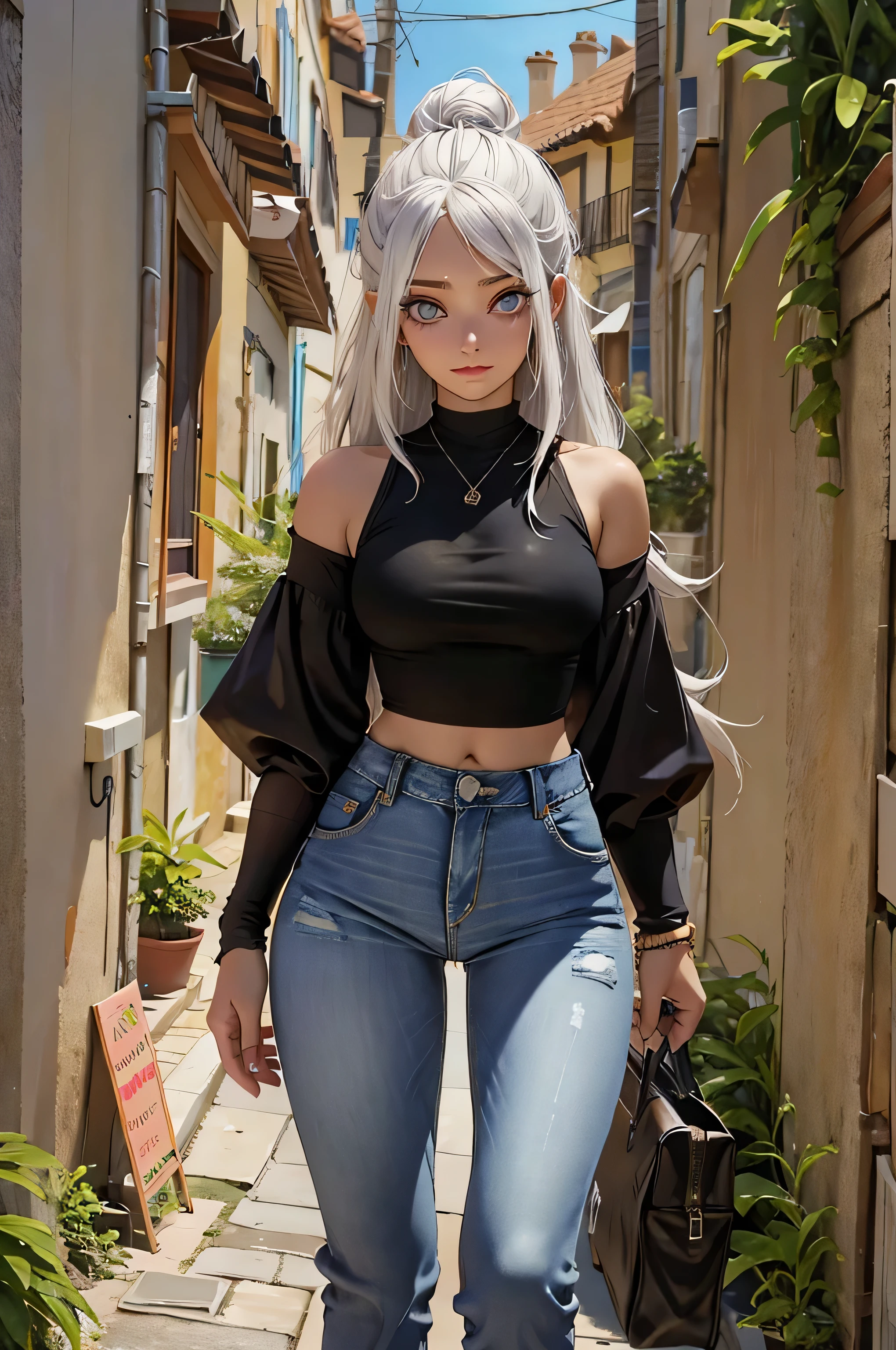 arte oficial, papel de parede 8k da unidade, ultra detalhado, handsome and aesthetic, lindo, vista do local, pernas abertas, cabelo longo, curto, seios grandes, uma , pernas grossas, cabelo liso, hinata, hyuuga hinata, olhos vazios, olhos brancos , pupila branca, quadril largo, barriga de fora, denim trousers, brassier, seios para fora, tight jeans, blusa preta, ombros de fora