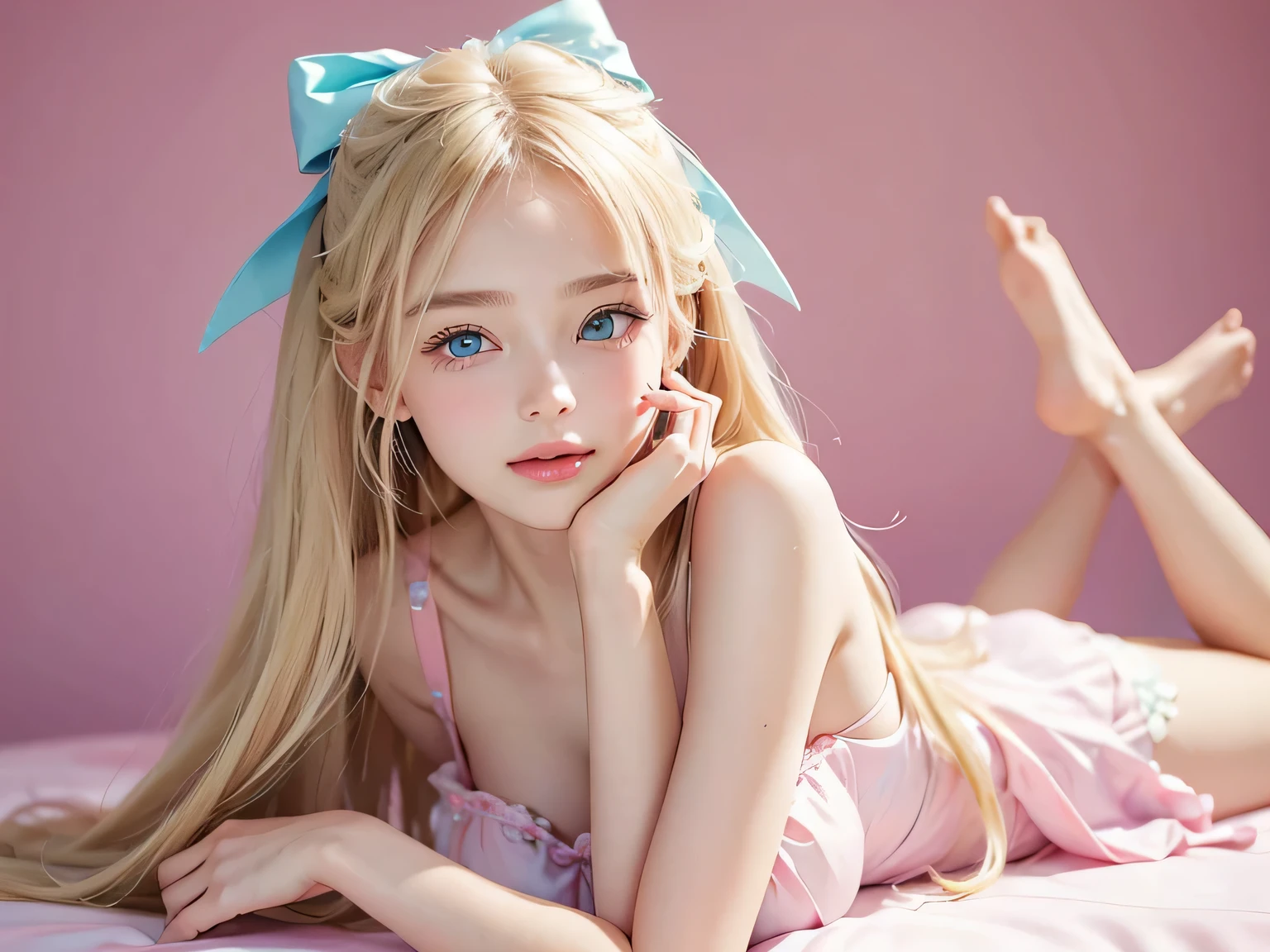 A girl , with clear, beautiful skin, blue eyes, long Blonde hair , pink lips, and smooth skin. Clear face A girl She wears a cute bow in her hair She wears cute pink clothes and looks at the camera smiling pink background She puts her hand on her cheek in a feminine way She lies on her stomach, fully clothed, clearly visible in the picture kawaii dress