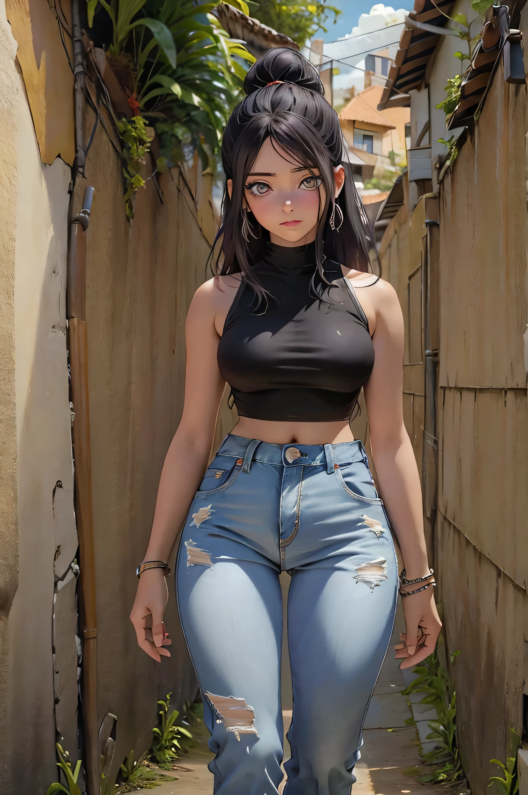 (masterpiece, best quality: 1.2), cowboy shot, solo, 1girl, yaoyorozu momo, anime screencap, city, long hair, black hair, gray eyes, looking at the viewer, lustful, closed mouth, ass, wide hips, short shirt, short shorts, unbuttoned shorts, erotica, back