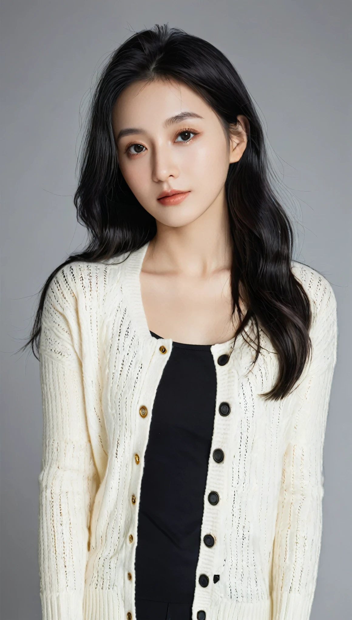 masterpiece, best quality, Ultra-high resolution (Reality: 1.4), original photo, 35mm lens, Aperture F1.4, poster, Light and Shadow, A girl, Wearing a white cardigan, Black long hair, Real skin, (Skin details: 1.3),