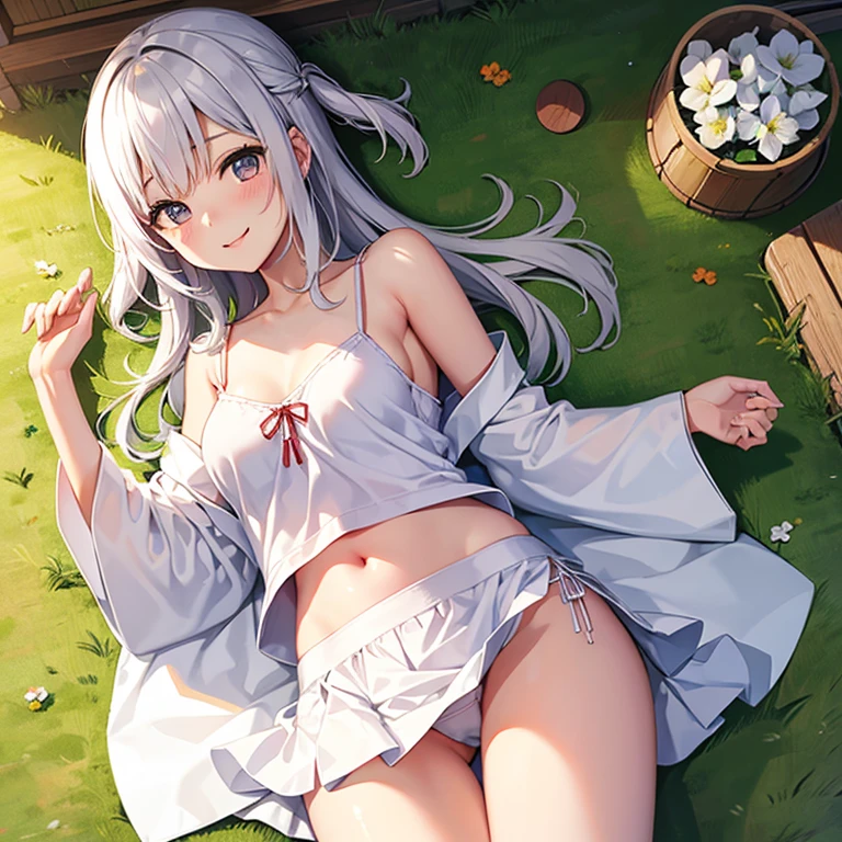 White panties are visible under the skirt、A Japanese girl smiling happily、camisole、quat