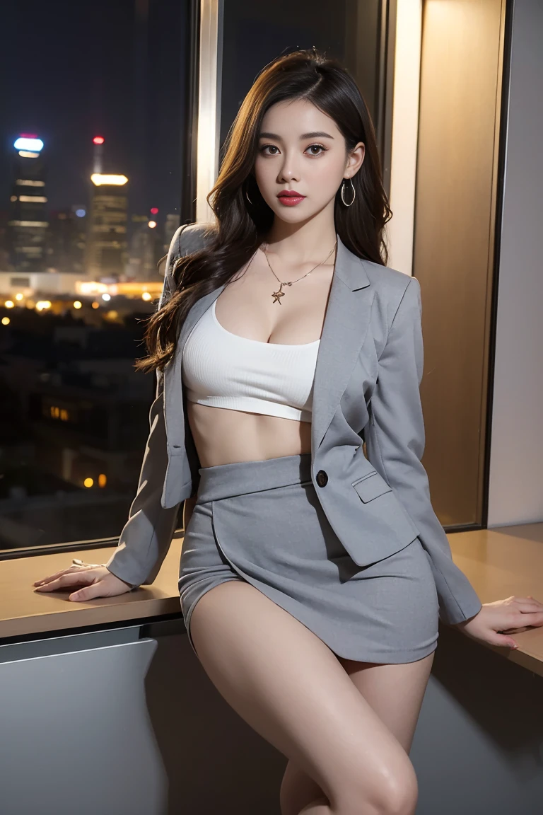 8K, Best Quality, Ultra High Definition, Masterpiece, Realistic, Photorealistic, High Contrast, Photon Mapping, Realistic, Ultra Detail, Low Angle: 1.5, 1 Girl, Solo: 1.5, Full Body, Night Concert Venue Stage, KPOP Star, KPOP Idol, KPOP Outfit, Sexy, Sitting on a Chair Looking at the Audience, Flashy Makeup, Blazer: 1.3, Short skirt: 1.3, Blazer and skirt must be worn, Tie, shirt: 1.3, bare legs, high heels, 100 degrees open legs: 1.5, crotch open: 1.5, brown hair, see-through wet white panties: 1.5, panties visible from under the skirt: 1.3, tall, height is 170 cm, long legs: 1.2, small breasts, beautiful face: 1.2, Detailed female pubic shape clearly visible: 1.5, pubic hair: 1.5, without panties: 1.3, textured skin
