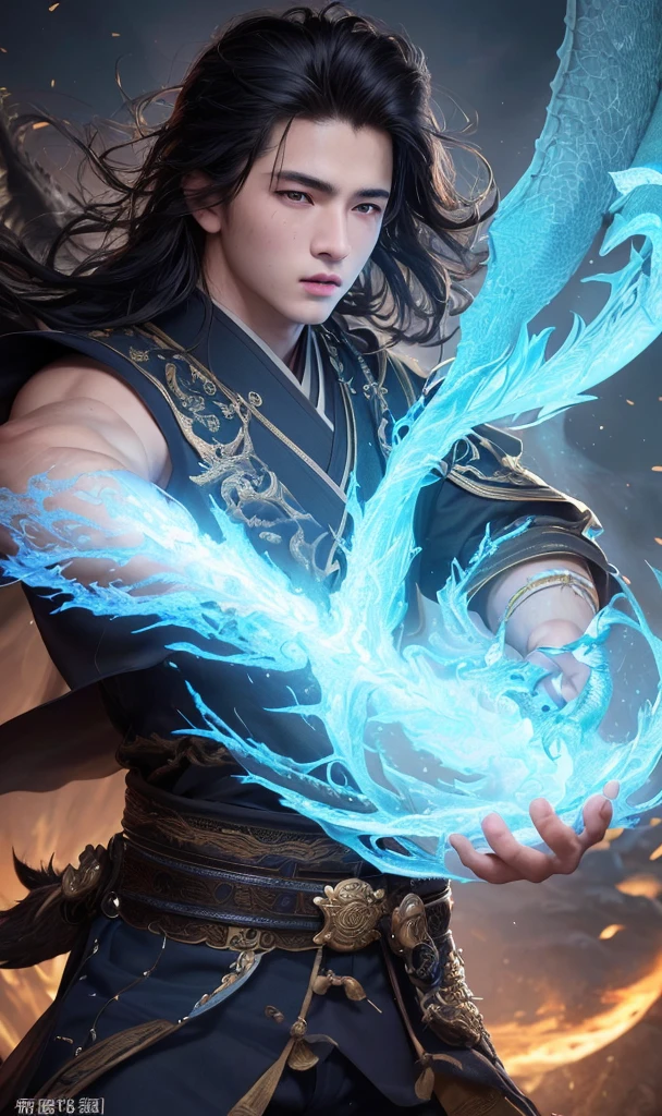 (best quality,4k,8k,highres,masterpiece:1.2),ultra-detailed,(realistic,photorealistic,photo-realistic:1.37),fantasy portrait,elaborate,intricate,stout,determined seventeen-year-old man,aura, huge bright blue light, bright black hair, dragons, phoenixes flying, golden light, Chinese martial arts style