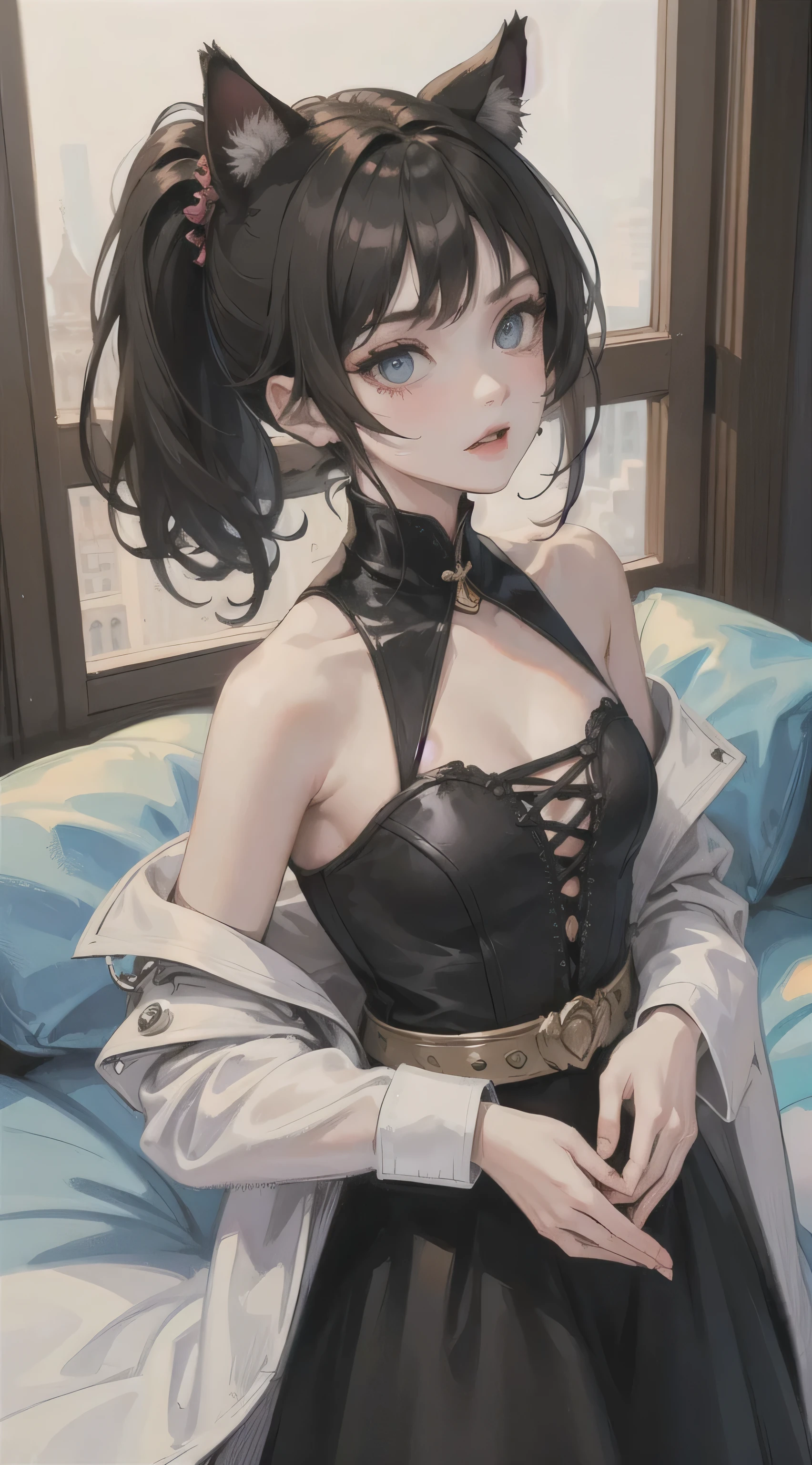 Adult girl, short black hair, high ponytail, blue eyes, cat ears, dark dress, open shoulders, stern look, masterpiece, high quality