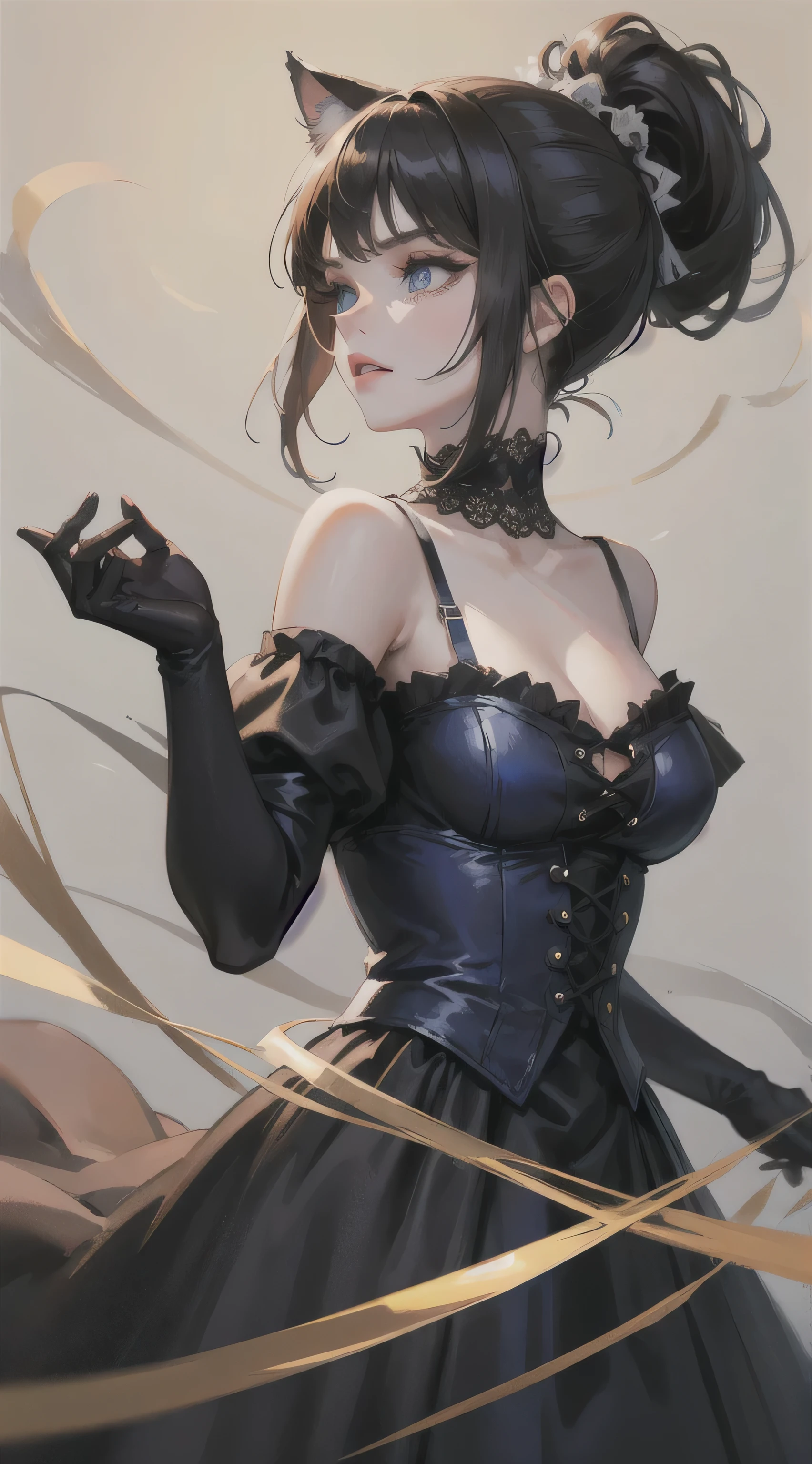 Adult girl, short black hair, high ponytail, blue eyes, cat ears, dark dress, open shoulders, stern look, masterpiece, high quality