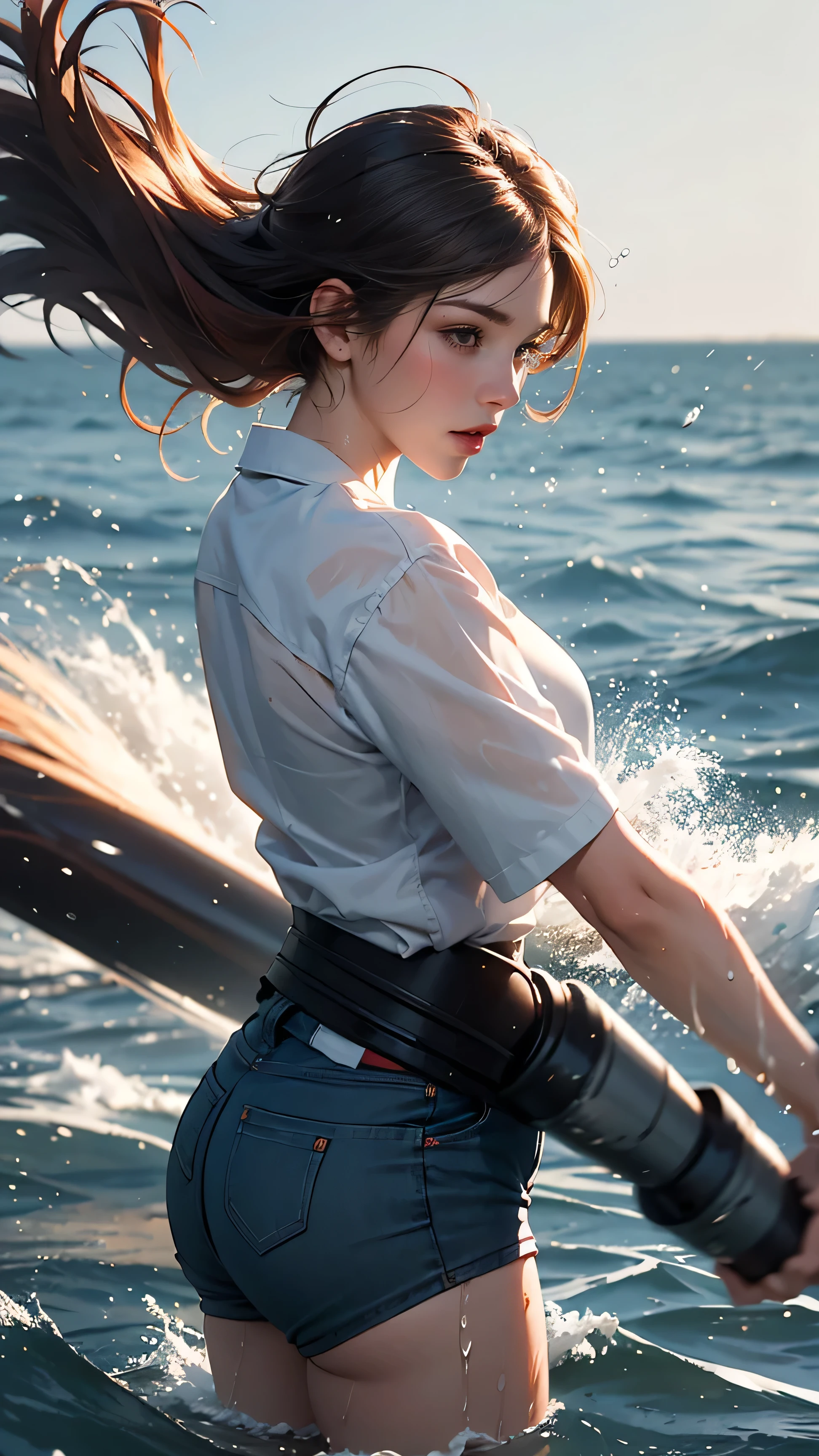 masterpiece, highest quality, (Dynamic pose:0.5), Absurd, One girl,  Fighting Pose, punch water, (Attacking with water:1.5) Wet clothes, wet hair, Wet Face, Water behind a person, Multicolored Hair, (Wind:1.4)