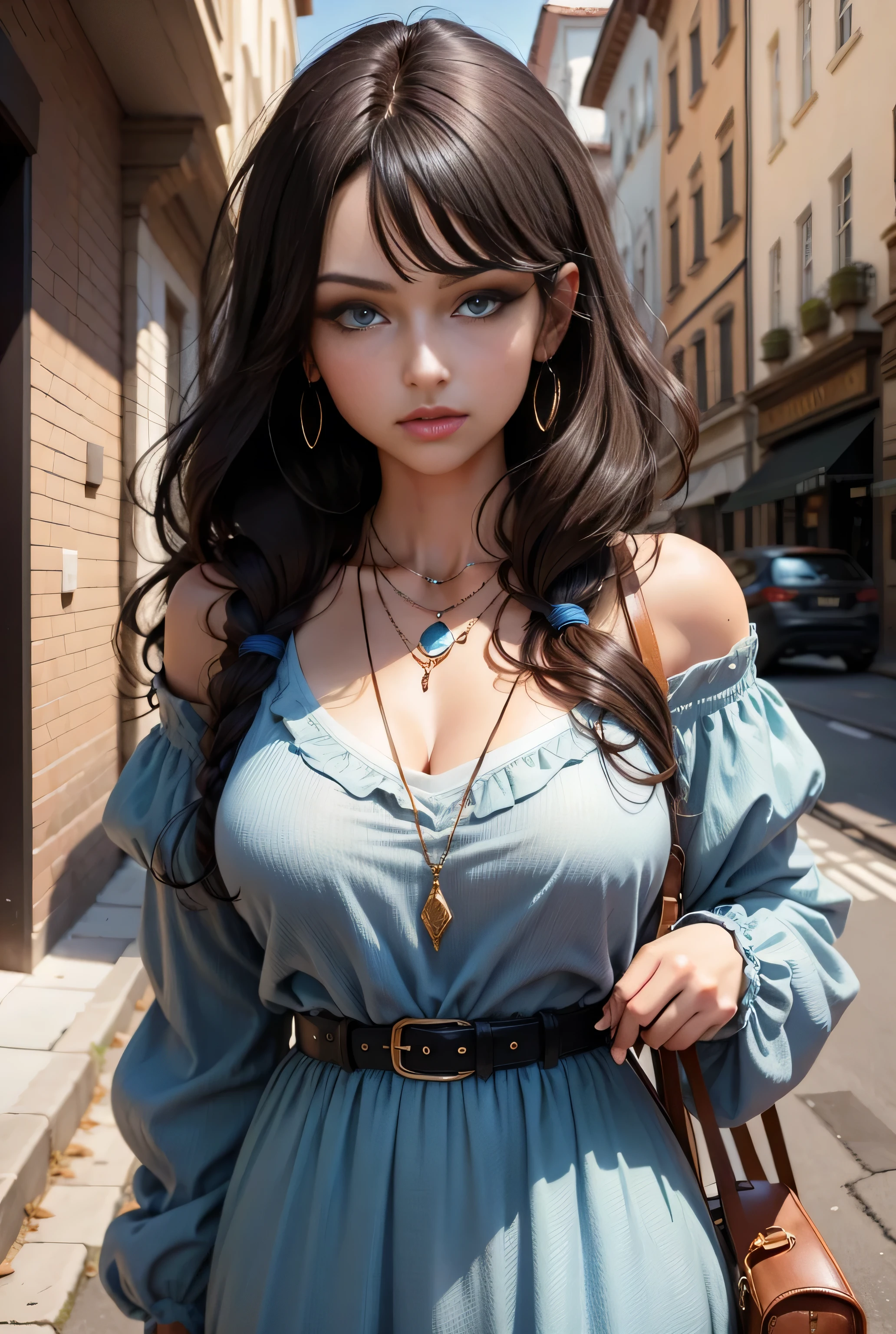Make the necklace bigger,The hair is dark brown,Blue eyes