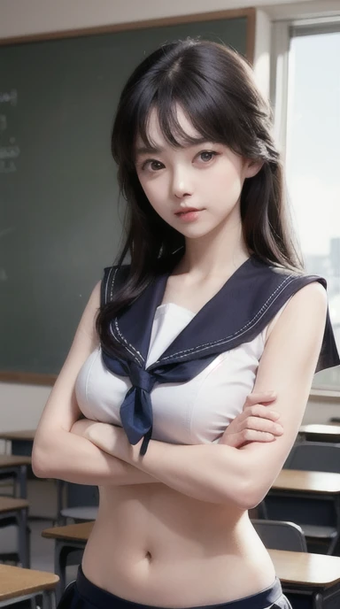 Woman in classroom, ((white crop top sailor suit)), blue student skirts, open navel, open belly, (show abdomen area), ((((arms crossed over chest)))), 