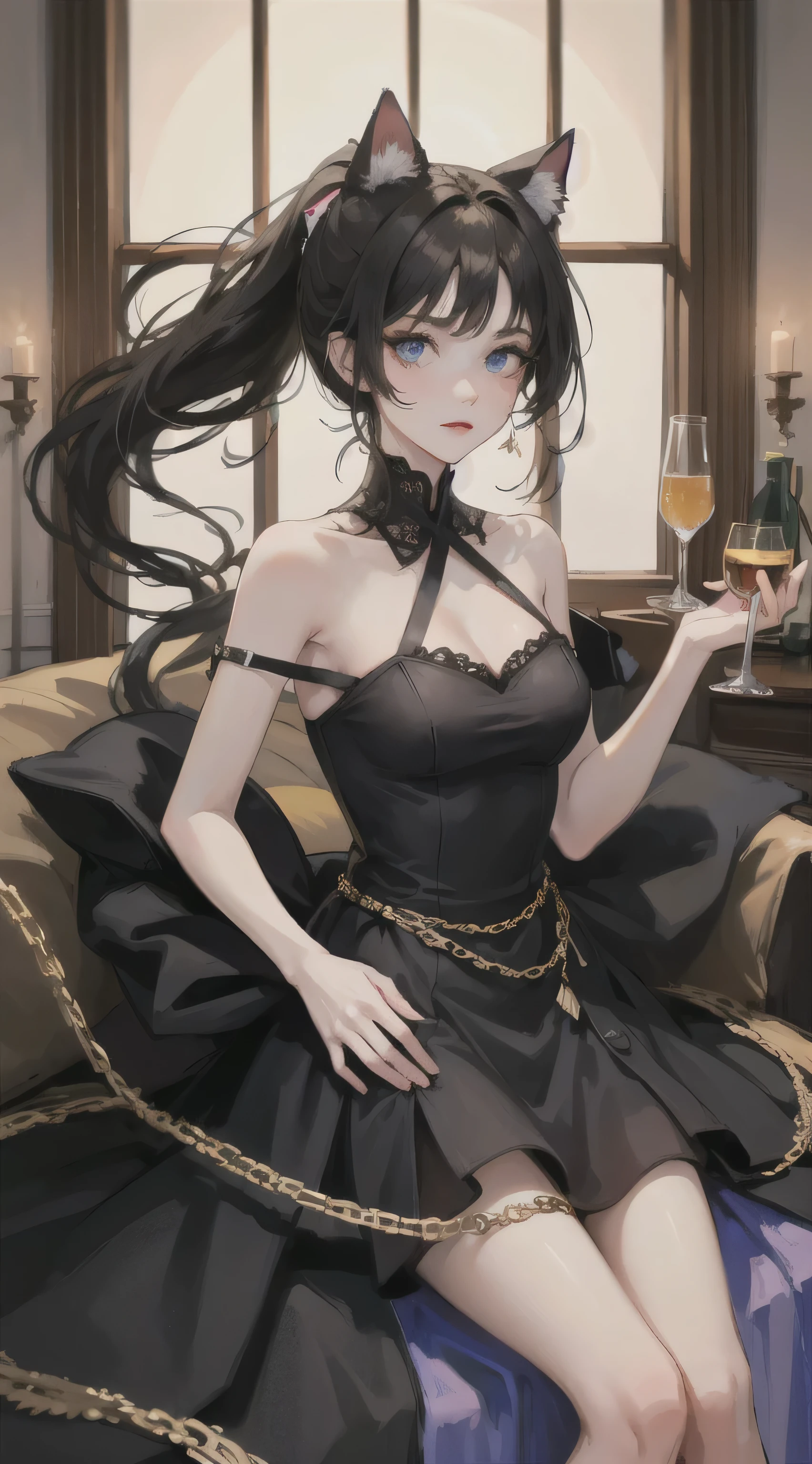 Adult girl, short black hair, high ponytail, blue eyes, cat ears, dark dress, open shoulders, stern look, masterpiece, high quality