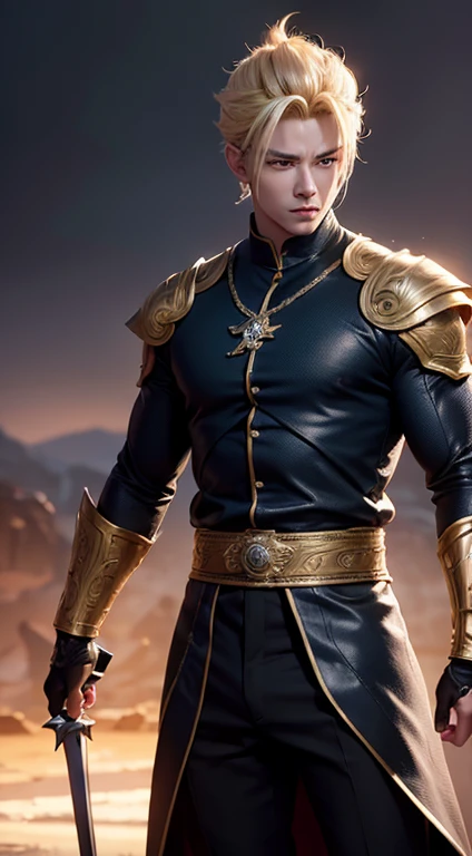 An 8k masterpiece, highest resolution, every detail, meticulous detail, depth of field, bright colors, beautiful composition: stunning take on an anime character Gohan with brilliance blonde hair and beautifully detailed glowing eyes, standing against a dark and ominous background. This handsome demon slayer is the epitome of bad guys in the world of fantasy art.
