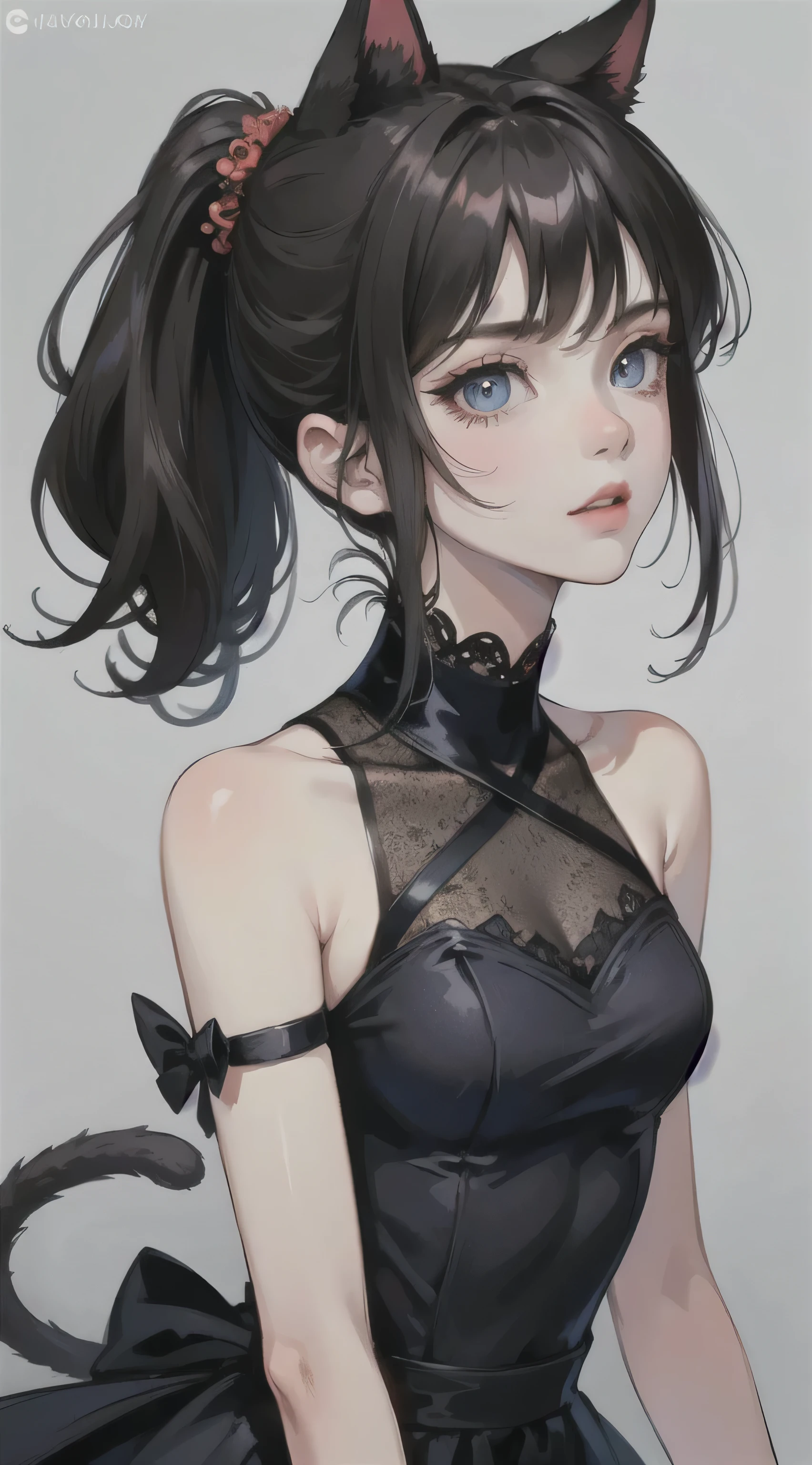 Adult girl, short black hair, high ponytail, blue eyes, cat ears, dark dress, open shoulders, stern look, masterpiece, high quality