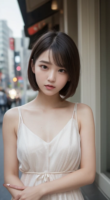 In detail, High resolution, high quality、Perfect dynamic composition, Beautiful fine details, short hair,Bobcut, 、Natural color lip,Kamimei、Shibuya Ward、18-year-old girl、1 person、Clear Skin、Shiny Hair、Tabletop, 最high quality, figure, Very detailed, In detail, High resolution, 8k、The correct state of the human body、Randomly cute poses,Beautiful feet,Perfect beautiful face,KPOP idol faces,Ecstatic face,Background Blur,Dress up as a model for a women's fashion magazine