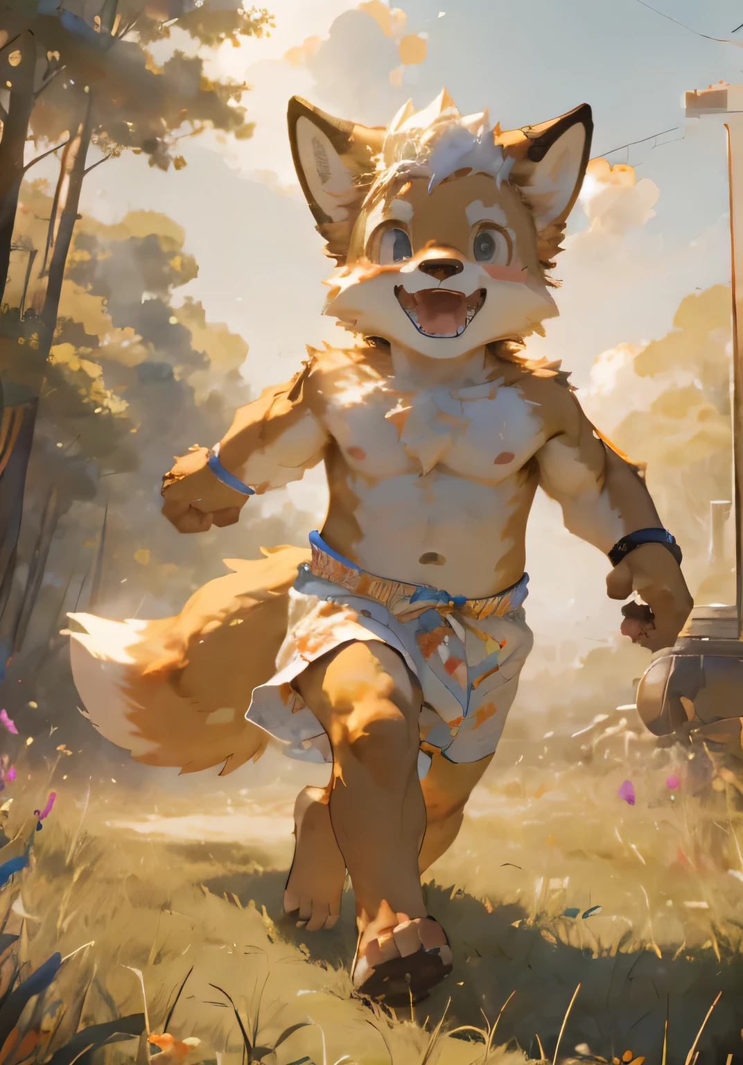 (masterpiece),(Very detailed),(best quality),hairy,fox,Golden fur,white hair,Black pupil,(child),(Naked upper body),((Happy expression)),Forest background,8k,(high quality),(Ultra HD),(Ultra Detailed),Perfect sunshine,(Standing on the grass),Naked upper body,(Young child),Butt,Pink hole,Dress cutely,Chest,Front view,Chest,Running