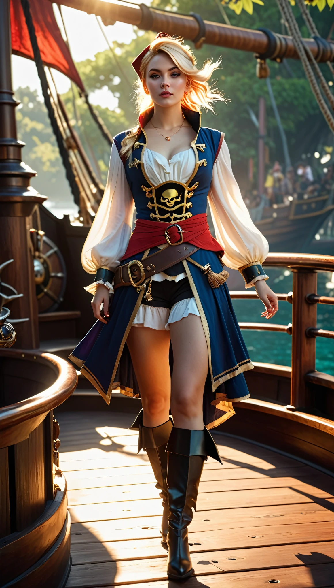 Cinematic photography, Lux from League of Legends, Photorealistic , dressed like a fancy pirate, mean disposition, standing on a pirate ship, sunny dappled lighting, style of anders zorn and sachin teng, uhd 8k, centere, clean line quality