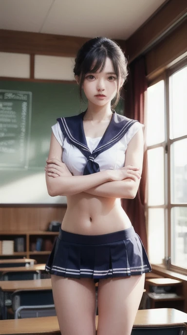 Woman in classroom, ((white crop top sailor suit)), blue student skirts, open navel, open belly, (show abdomen area), ((((arms crossed over chest)))), crying