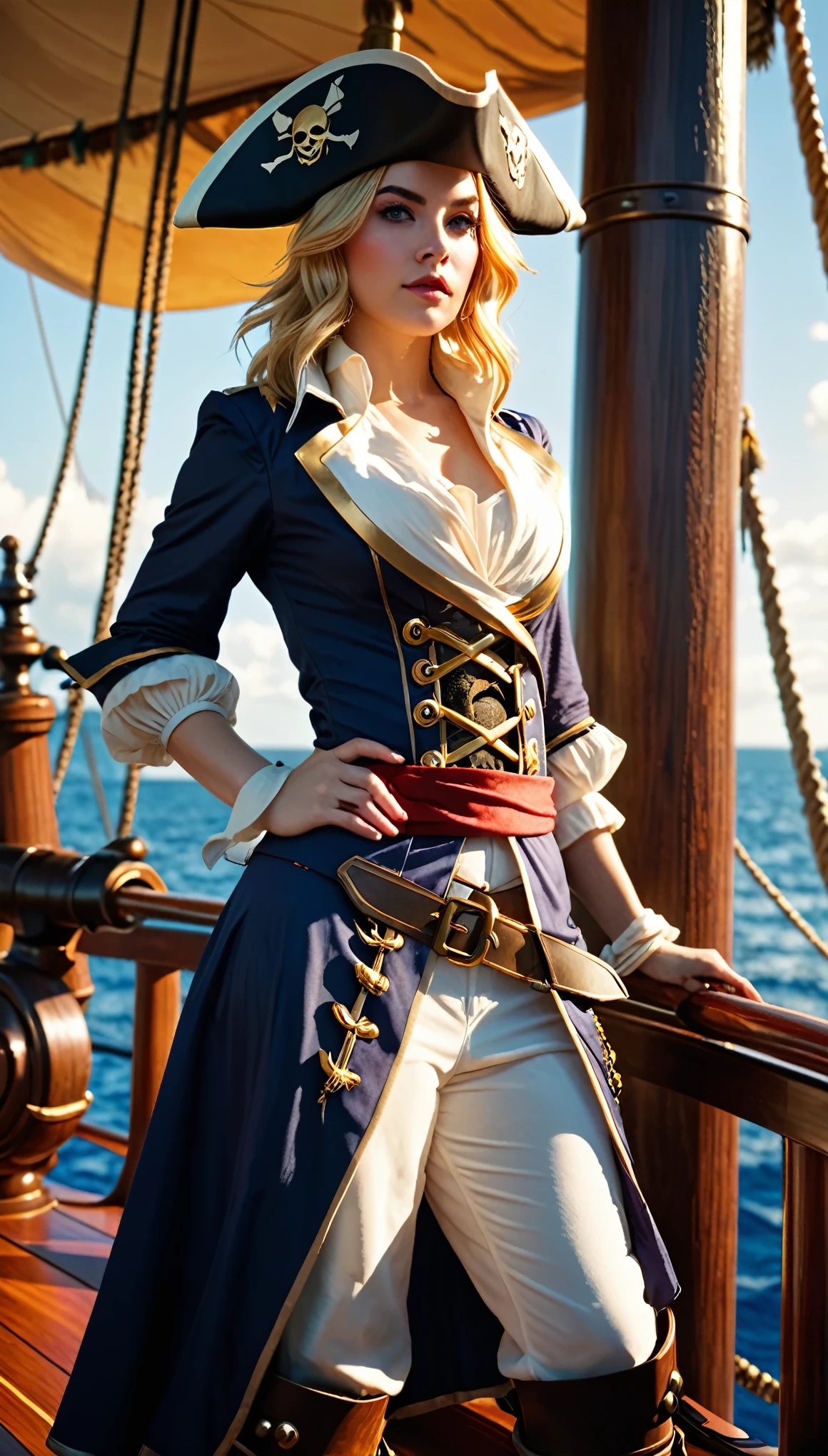 Cinematic photography, Lux from League of Legends, Photorealistic , dressed like a fancy pirate, mean disposition, standing on a pirate ship, sunny dappled lighting, style of anders zorn and sachin teng, uhd 8k, centere, clean line quality