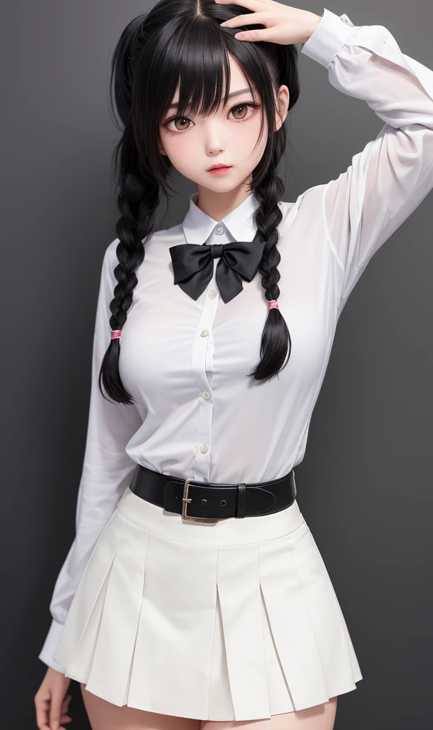 "A girl in a classroom with a blackboard, creating a masterpiece (best quality: 1.2). The girl, resembling Yoru from Chainsaw Man, has a very detailed face with realistic skin and body, capturing intricate details. Her gaze is intensified by her red eyes, giving off an intimidating look. Light blush accentuates her cheeks. She is dressed in social clothing, wearing a semi-open white button-up shirt that reveals a white bra underneath. Her black skirt is cinched with a black belt adorned with a buckle. Her big hair is styled with braids, accentuating her small breasts. The image is a close-up, focusing on her large thighs as she stands confidently in the classroom. The blackboard serves as the backdrop, enhancing the educational atmosphere."