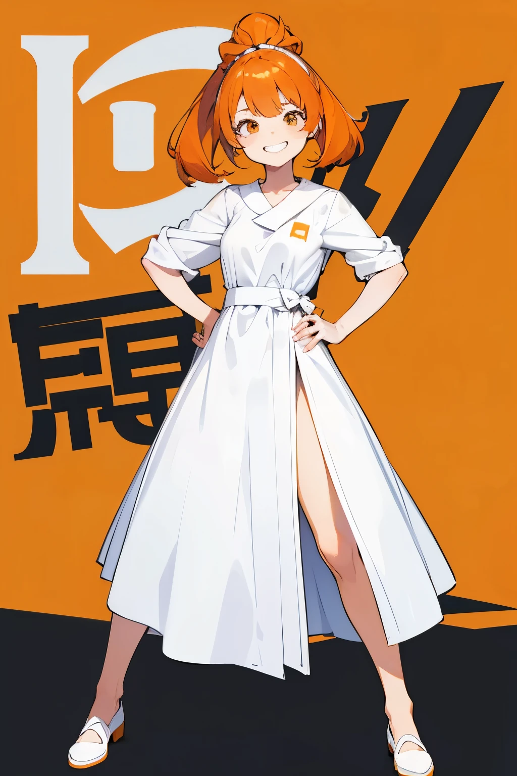 young woman, grin, orange hair, two-sided up \(hairstyle\), white dress \(clothing\), hands on hips, open stance, standing