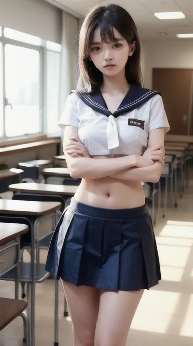 Woman in classroom, ((white crop top sailor suit)), blue student skirts, open navel, open belly, (show abdomen area), ((((arms crossed over chest)))), crying