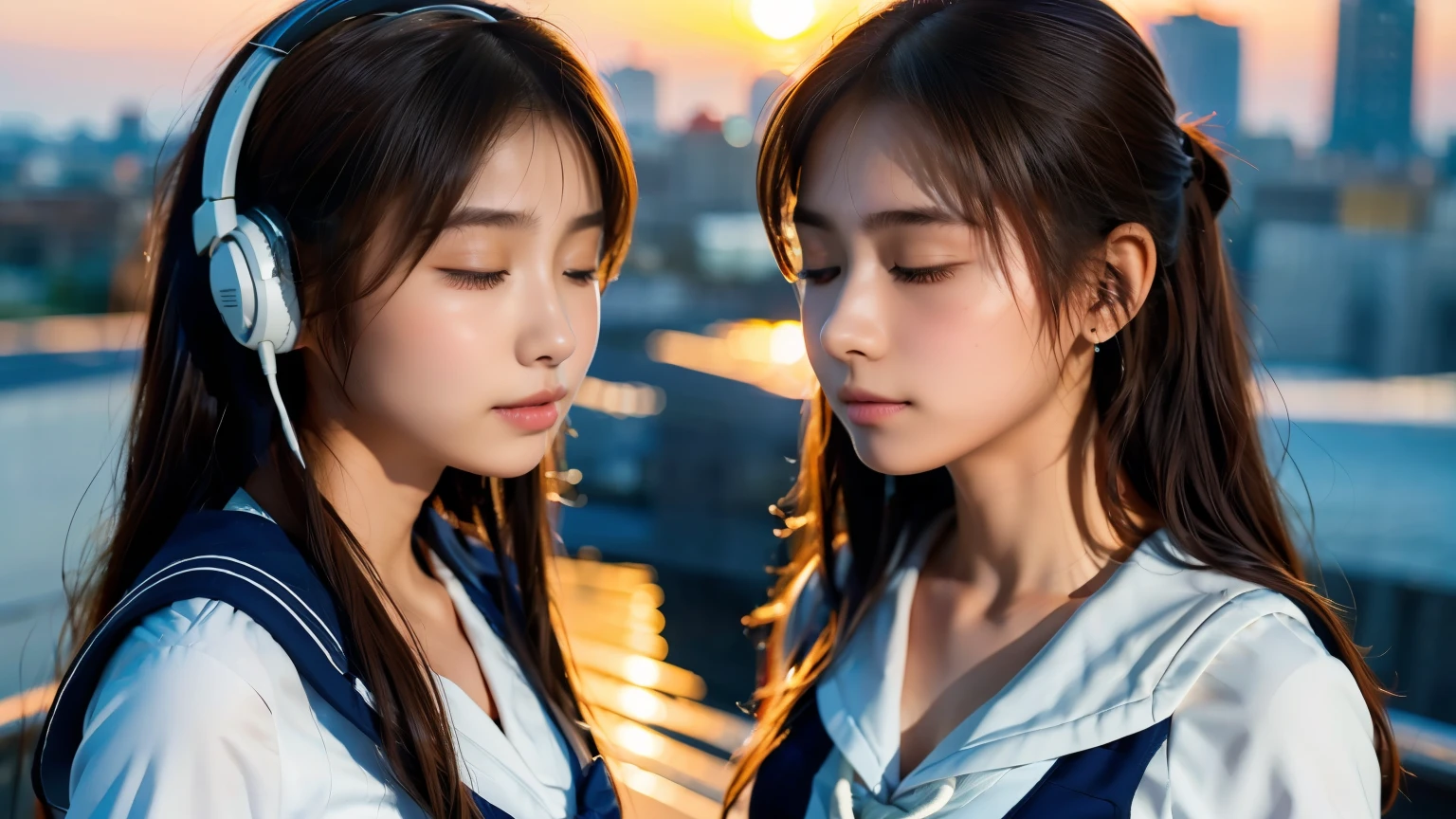 ager, well-shaped face, two girls, 4k, 8k, photo (sailor suit) (wearing headphones) (school, school rooftop), eyes closed, long hair (profile), sunset, sunset,
